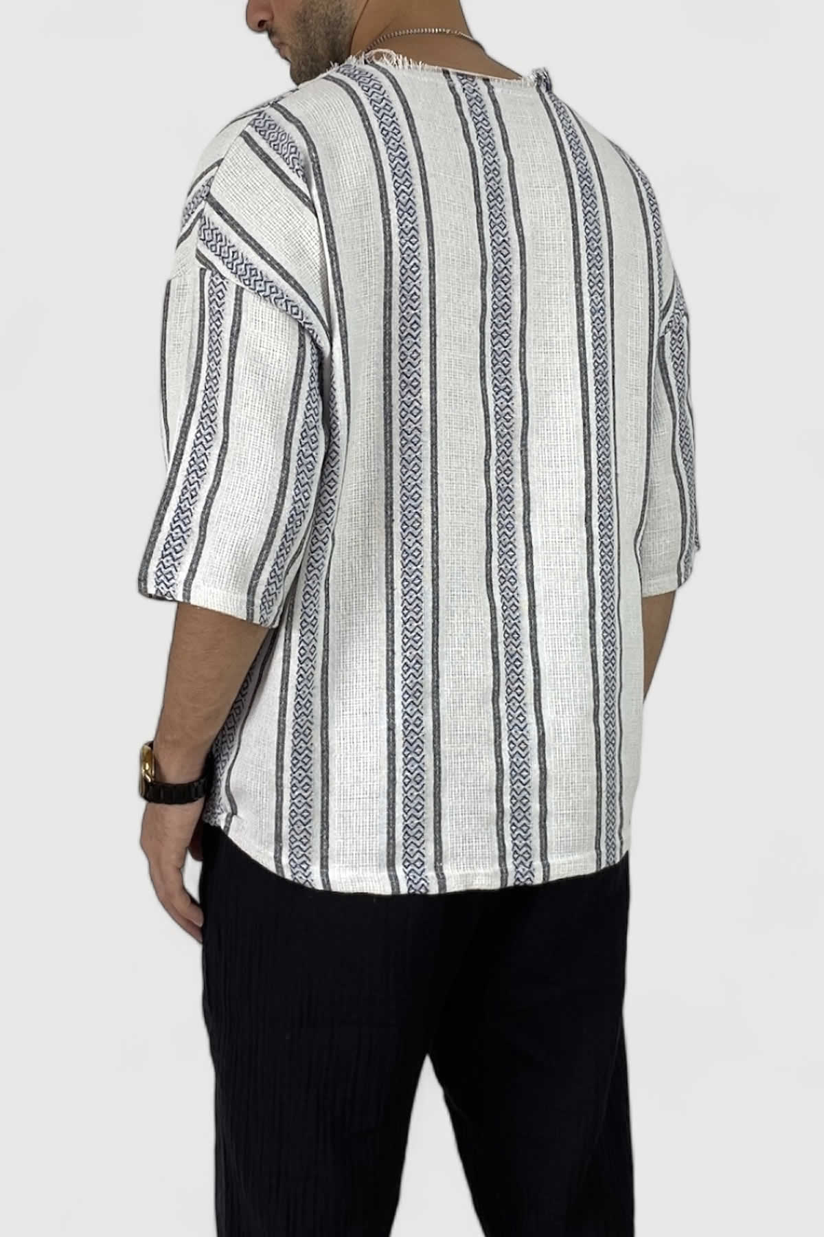  Mavi Oversize Yazlık Keten Yarım Gömlek