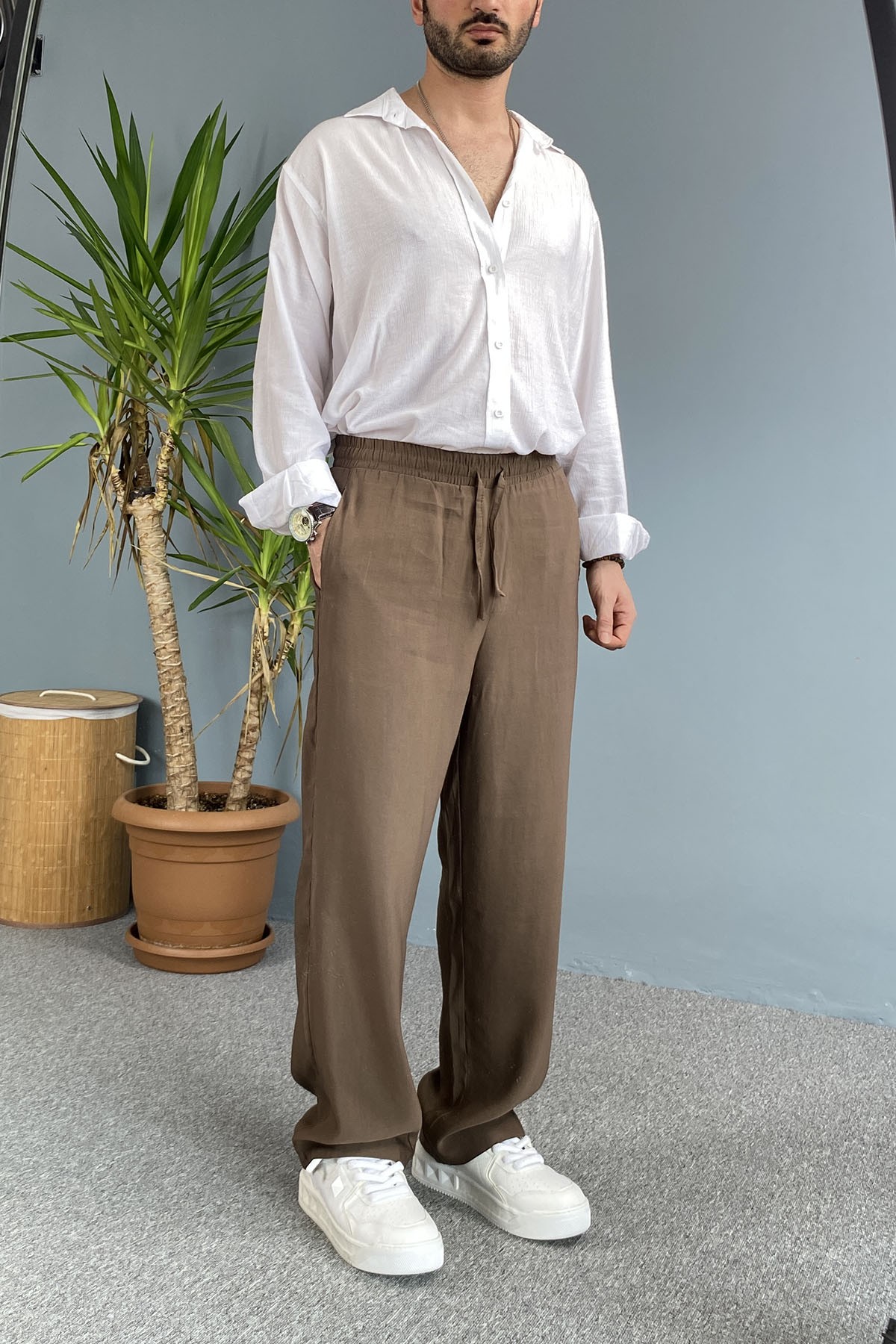  Modal Kumaş Bağcıklı Baggy Pantolon Kahverengi
