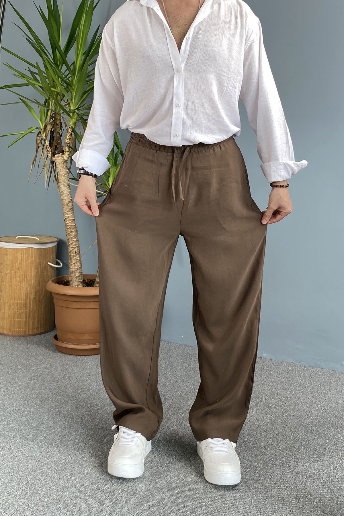  Modal Kumaş Bağcıklı Baggy Pantolon Kahverengi