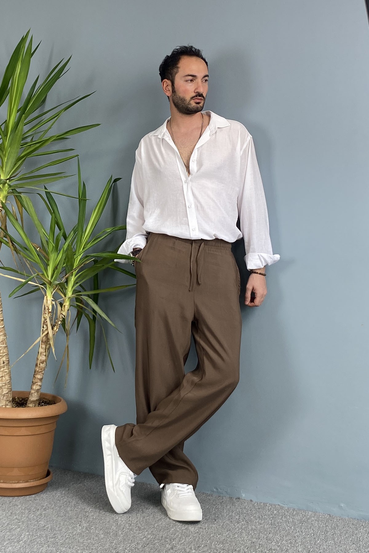  Modal Kumaş Bağcıklı Baggy Pantolon Kahverengi