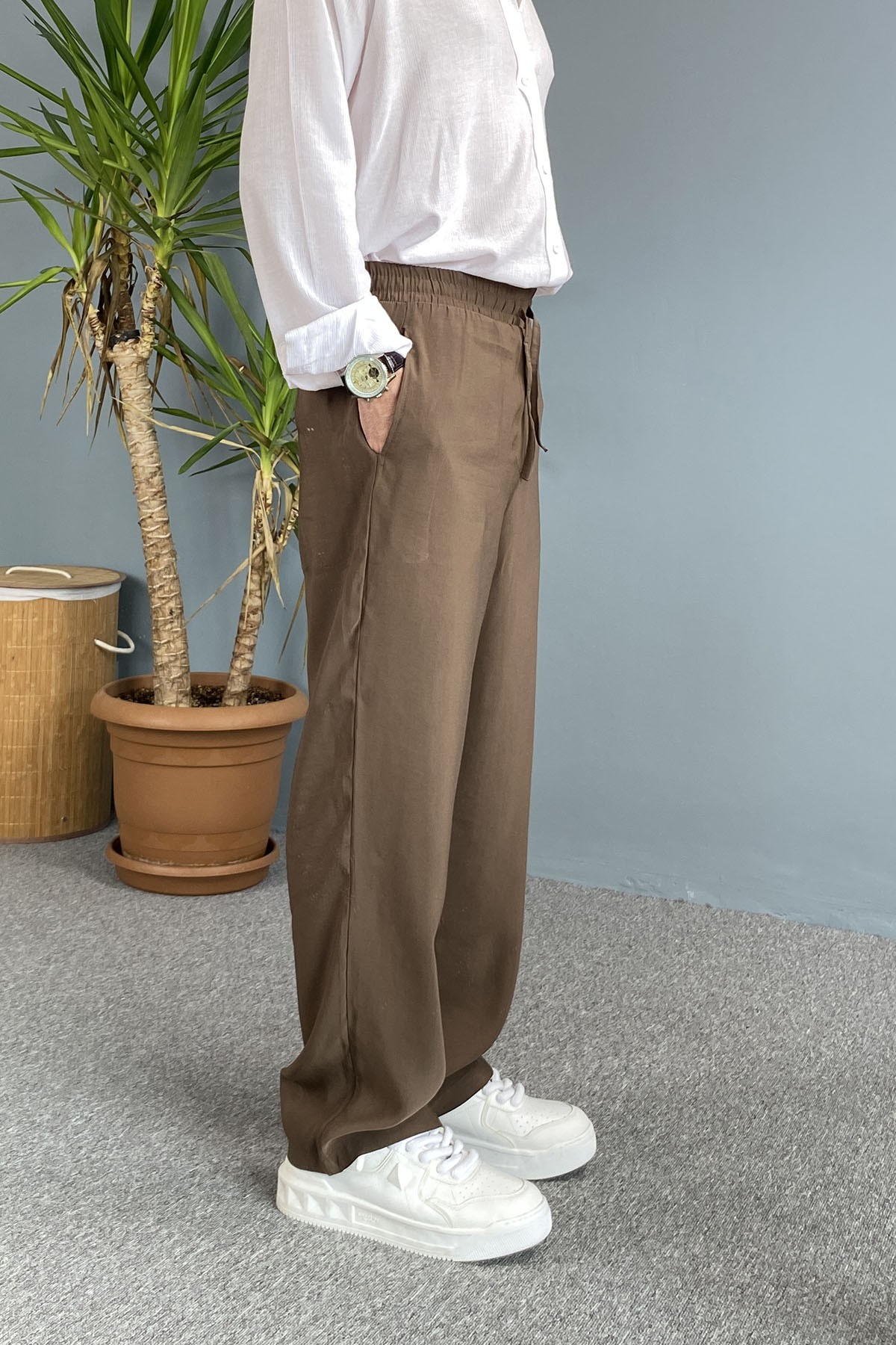  Modal Kumaş Bağcıklı Baggy Pantolon Kahverengi