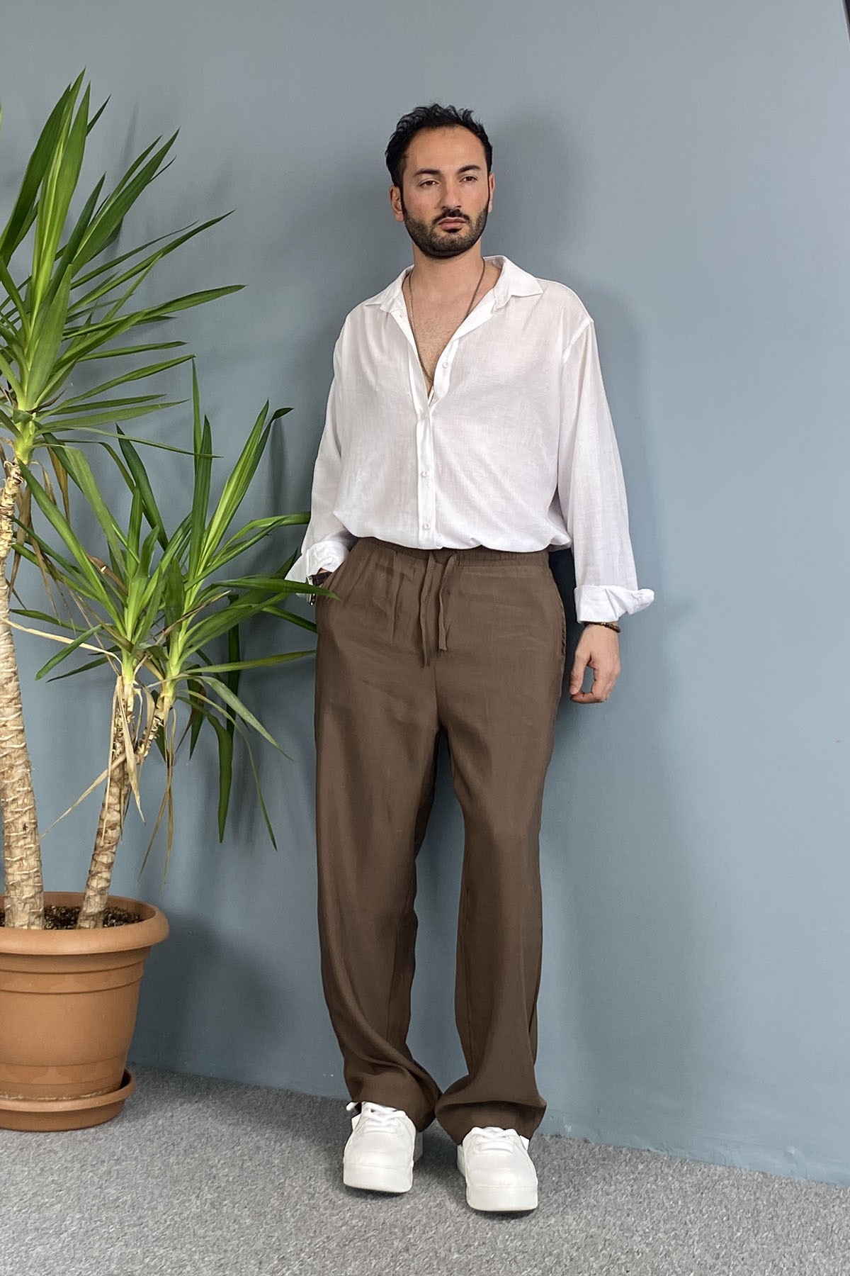  Modal Kumaş Bağcıklı Baggy Pantolon Kahverengi