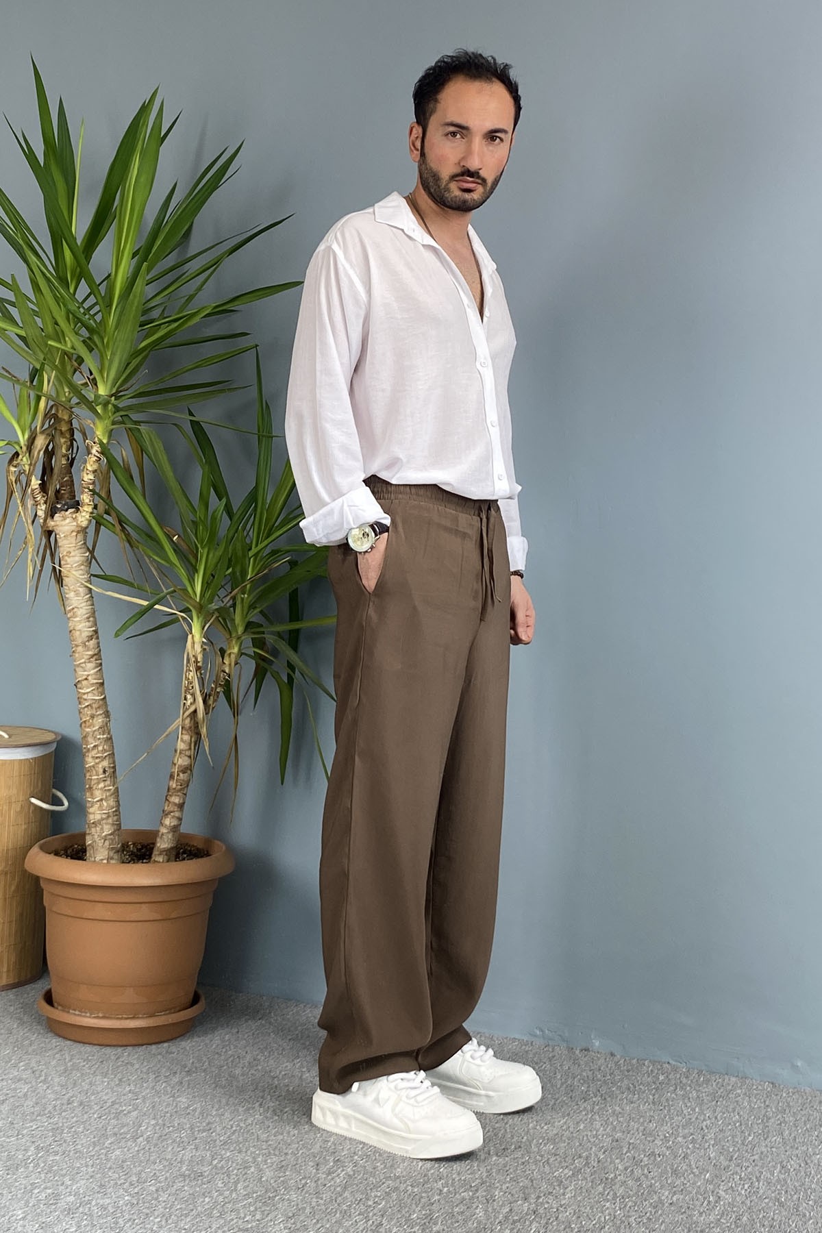  Modal Kumaş Bağcıklı Baggy Pantolon Kahverengi