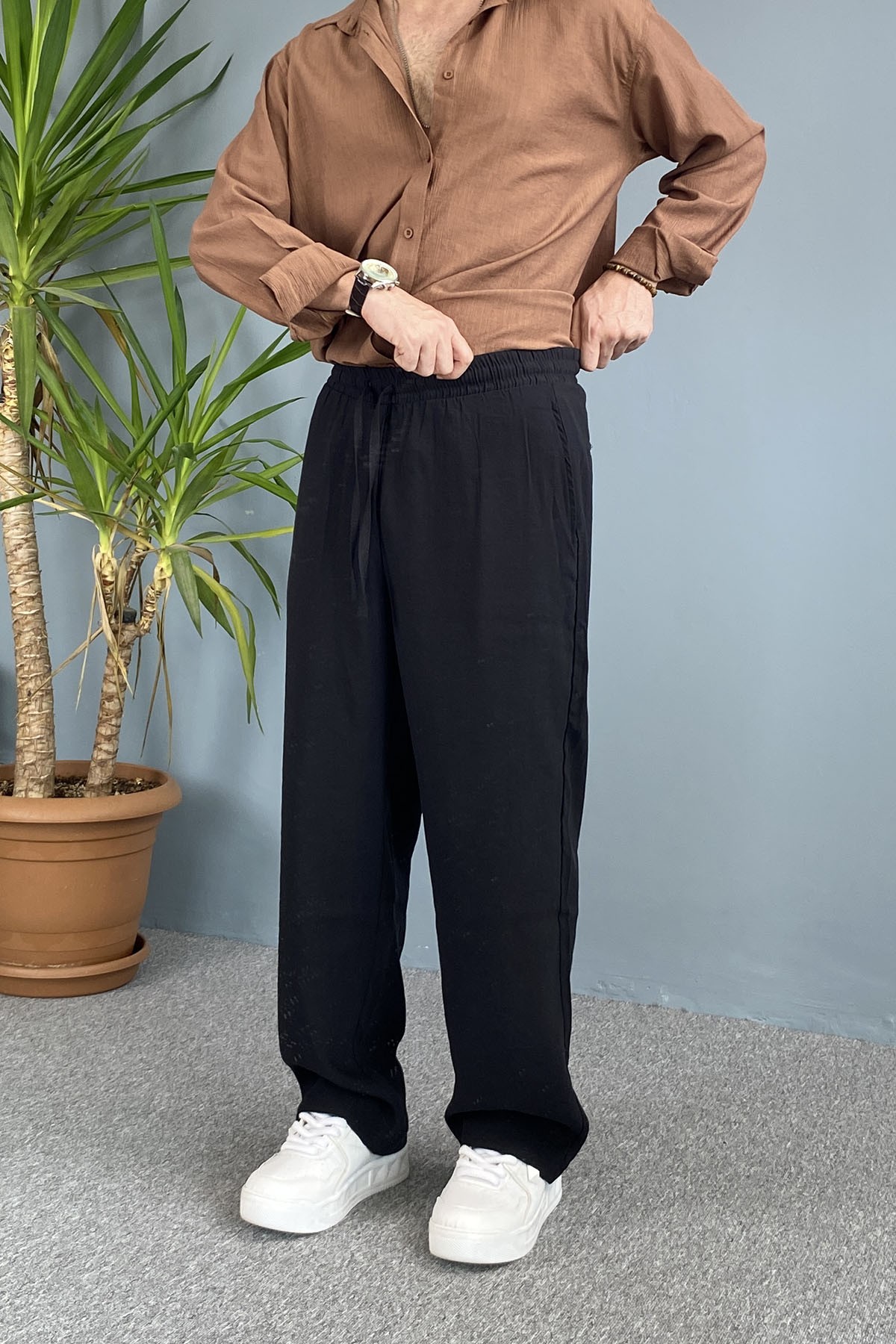  Modal Kumaş Bağcıklı Baggy Pantolon Siyah