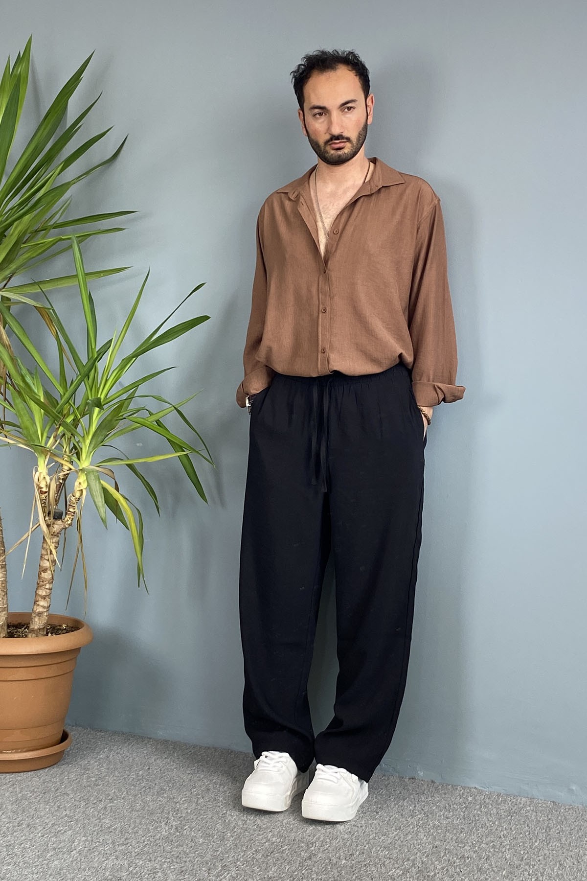  Modal Kumaş Bağcıklı Baggy Pantolon Siyah