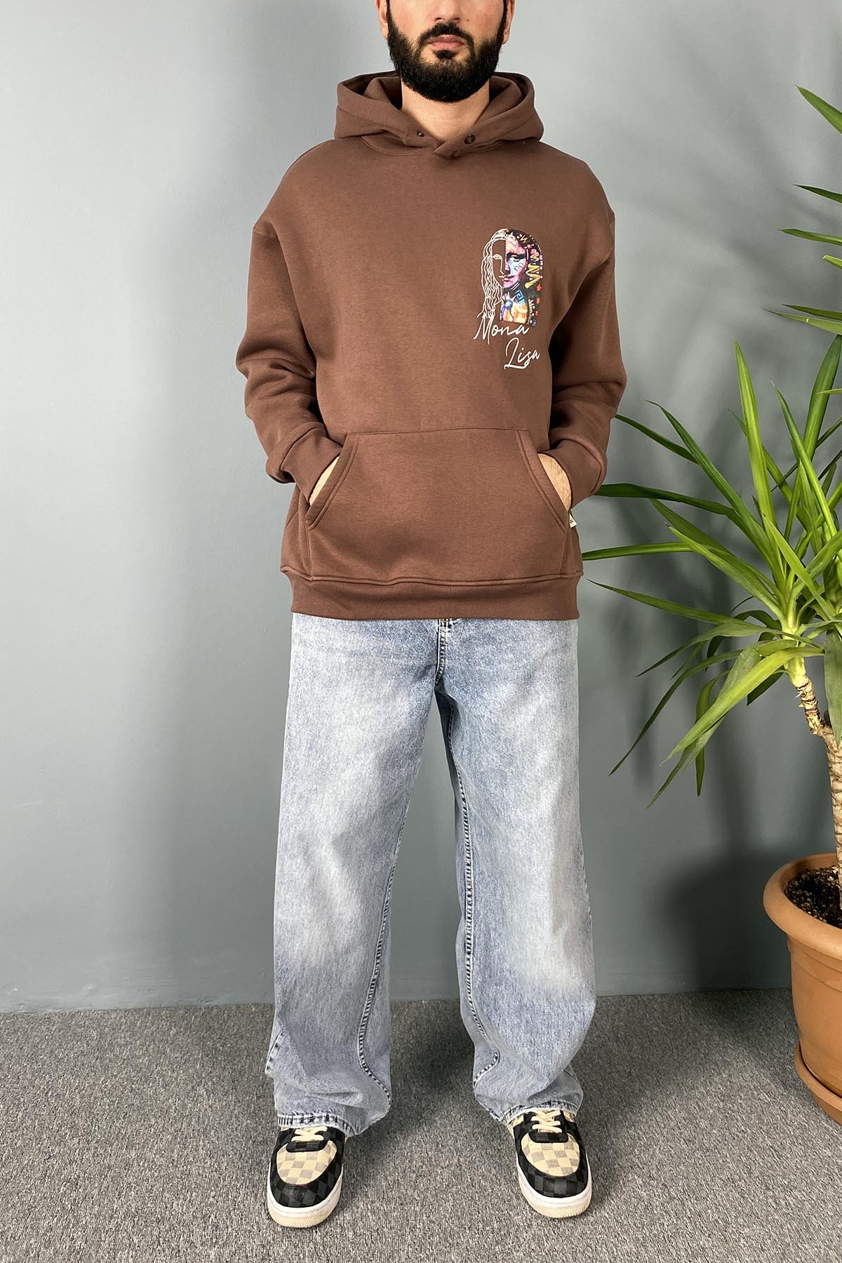  Mona Lisa Baskılı Oversize Cepli Kahverengi Kapüşonlu Sweatshirt