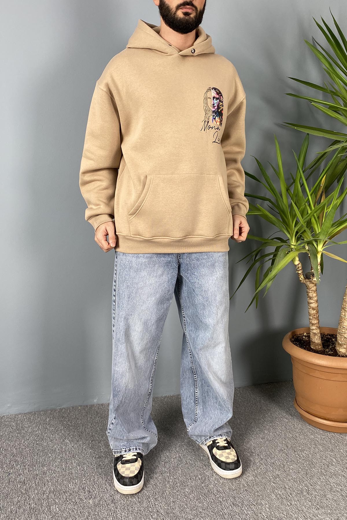  Mona Lisa Baskılı Oversize Cepli Vizon Kapüşonlu Sweatshirt
