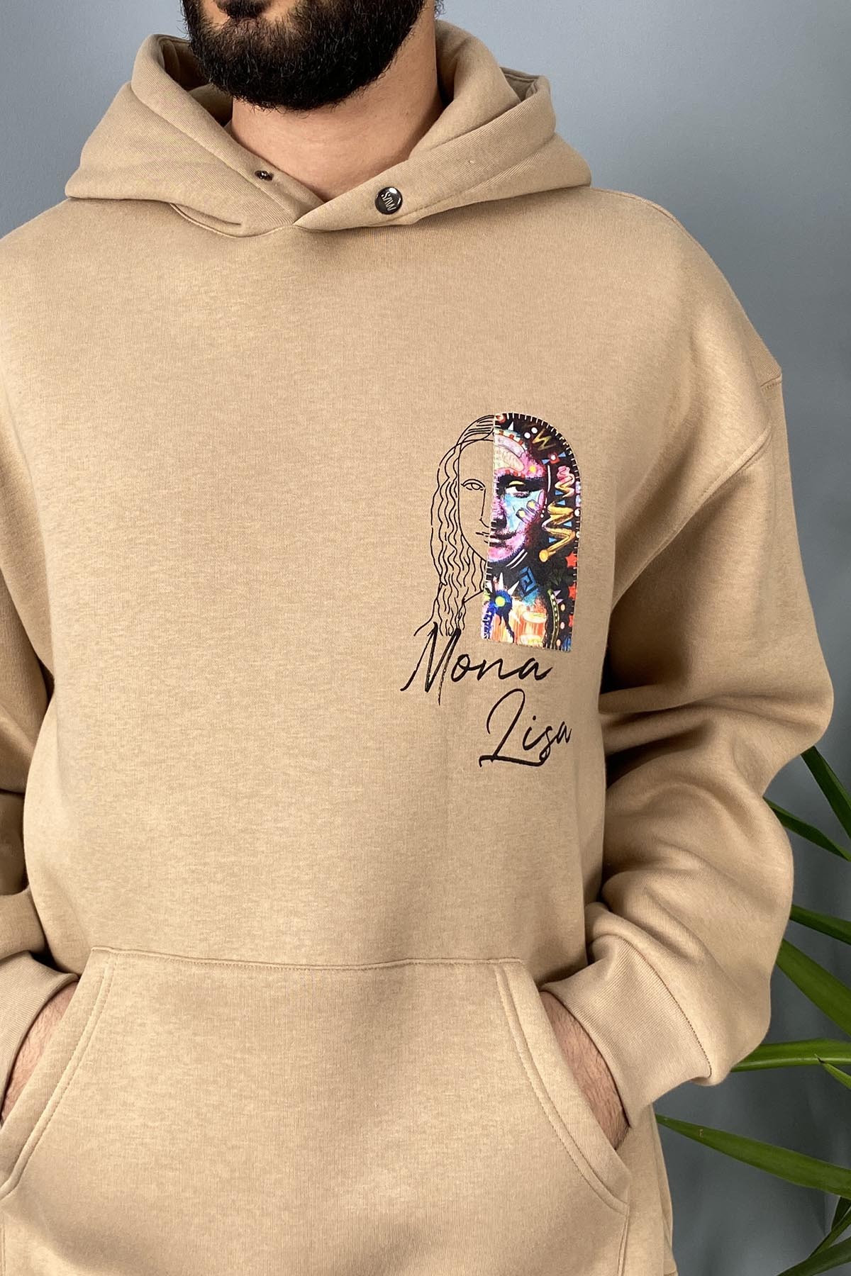  Mona Lisa Baskılı Oversize Cepli Vizon Kapüşonlu Sweatshirt