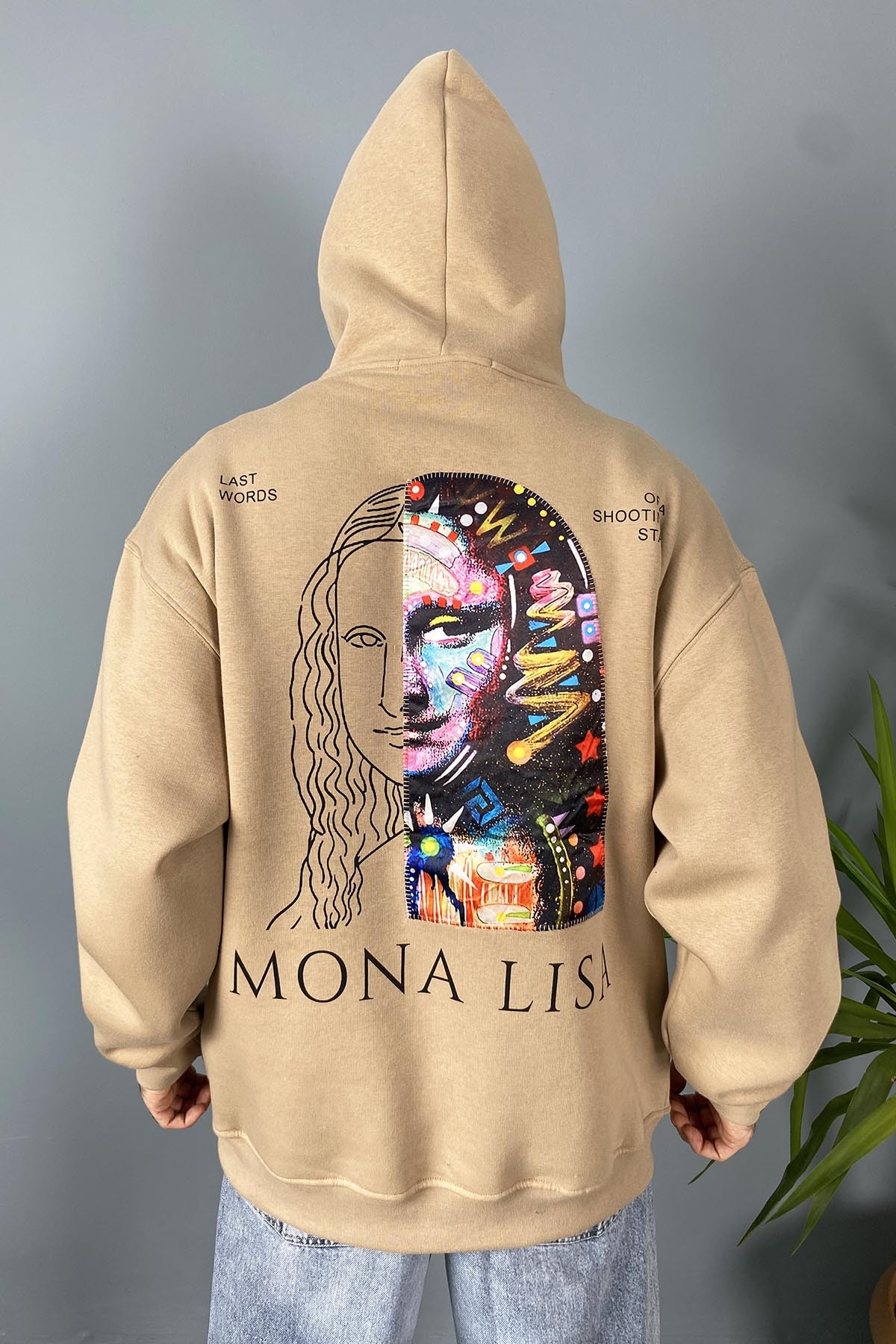  Mona Lisa Baskılı Oversize Cepli Vizon Kapüşonlu Sweatshirt