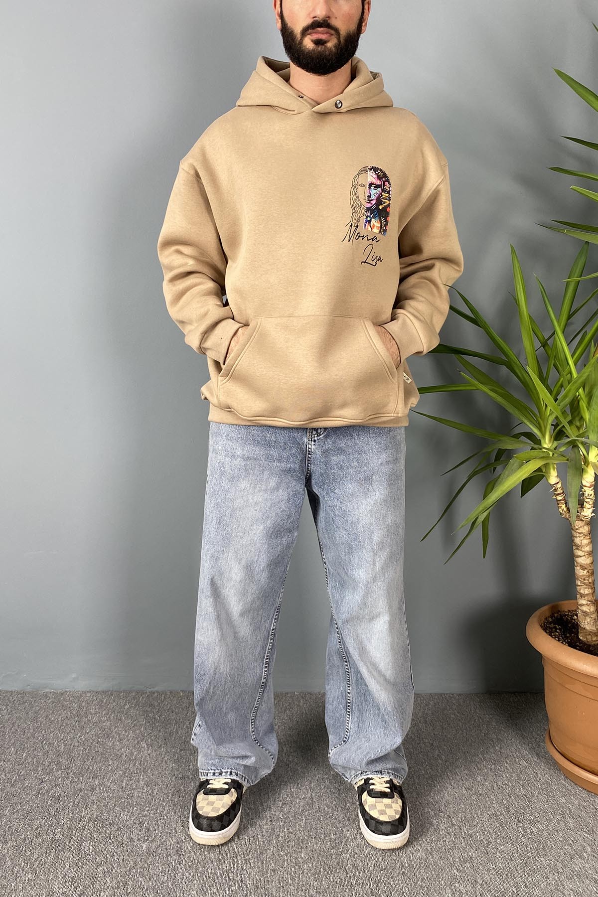  Mona Lisa Baskılı Oversize Cepli Vizon Kapüşonlu Sweatshirt