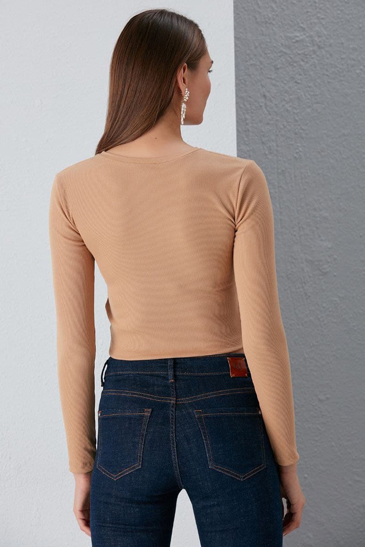 Kadin Önü Çapraz Crop Tasarım Kaşkorse Taba Bluz