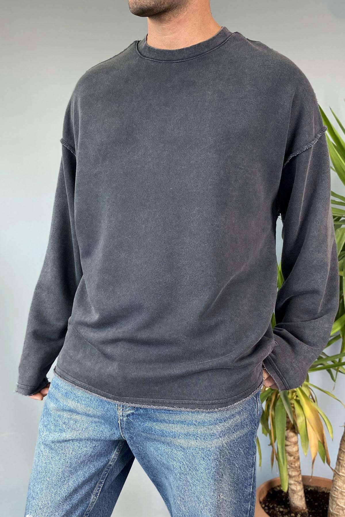 Oversize Antrasit Bisiklet Yaka Yıkamalı Sweatshirt