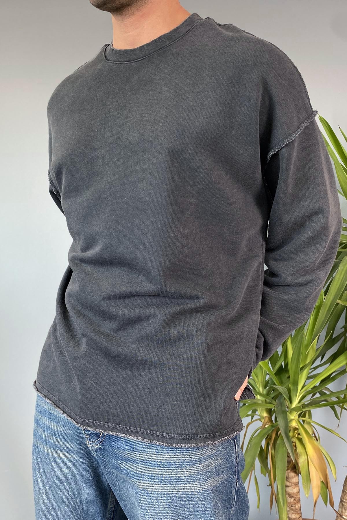  Oversize Antrasit Bisiklet Yaka Yıkamalı Sweatshirt