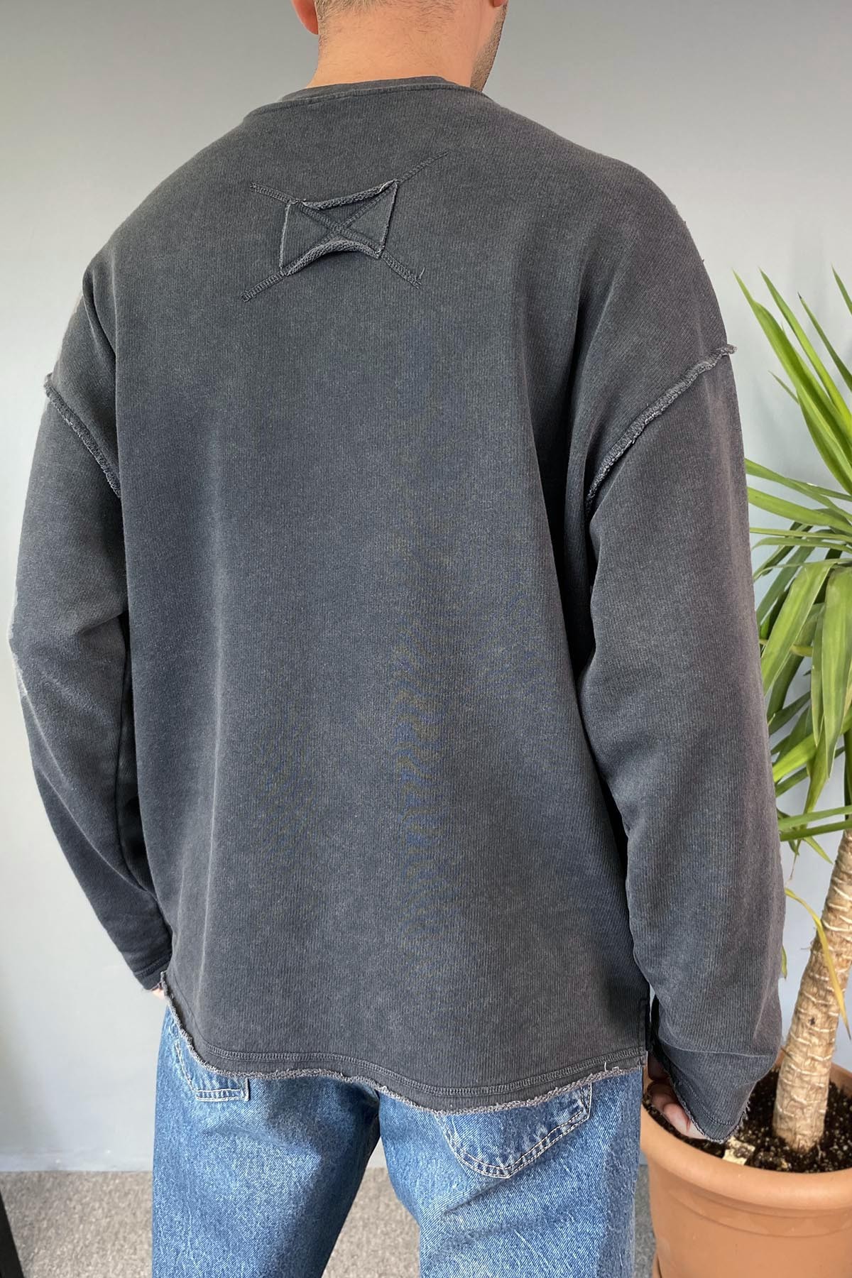  Oversize Antrasit Bisiklet Yaka Yıkamalı Sweatshirt