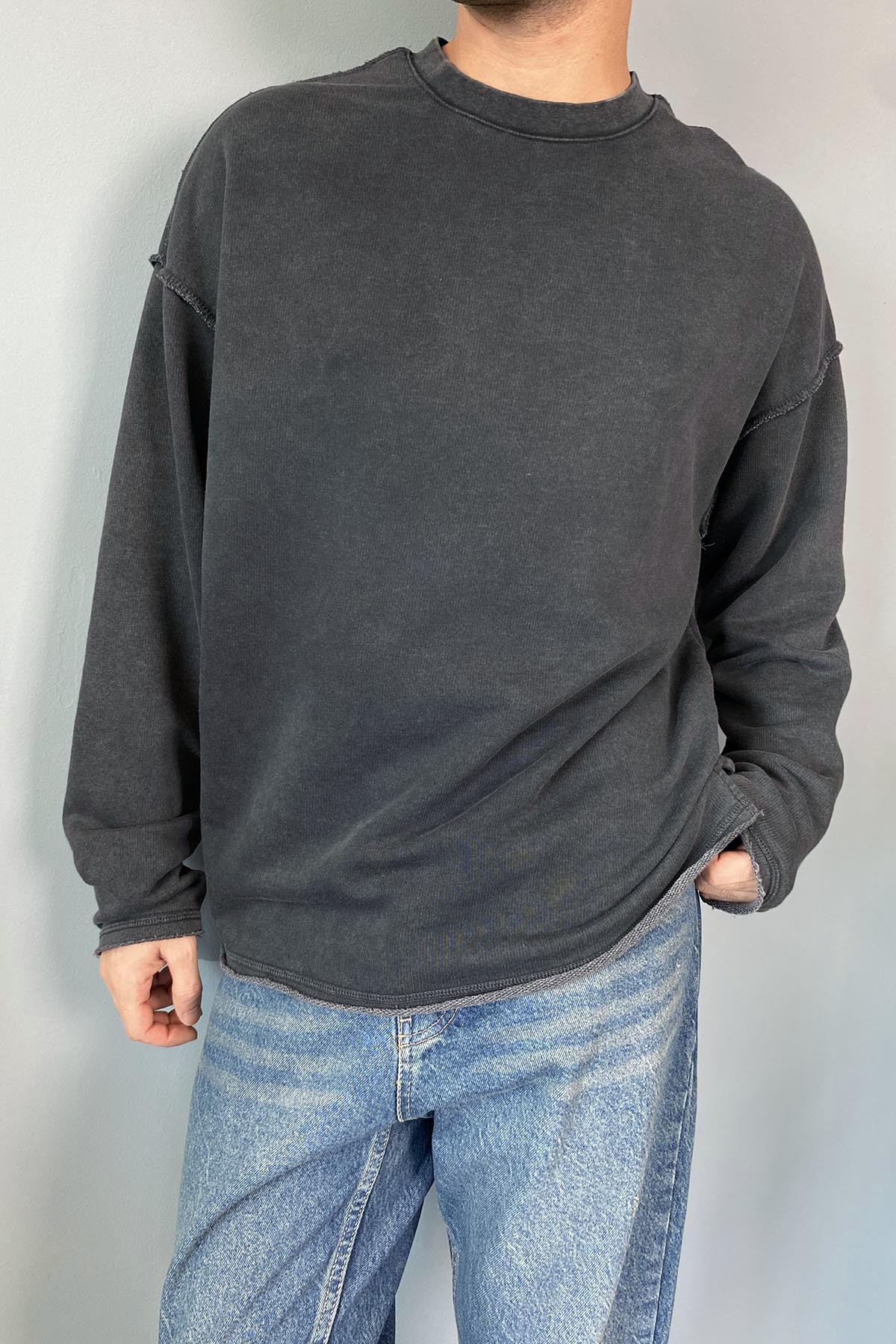  Oversize Antrasit Bisiklet Yaka Yıkamalı Sweatshirt