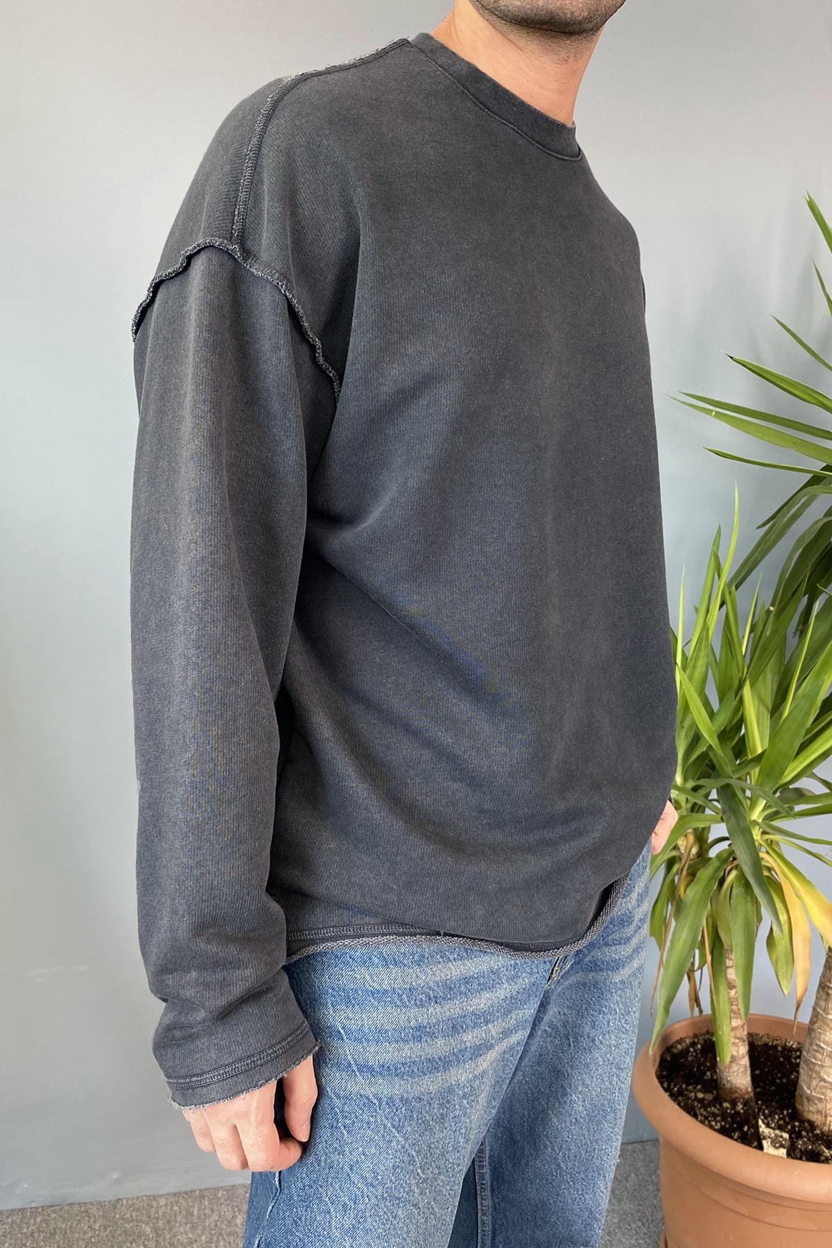  Oversize Antrasit Bisiklet Yaka Yıkamalı Sweatshirt