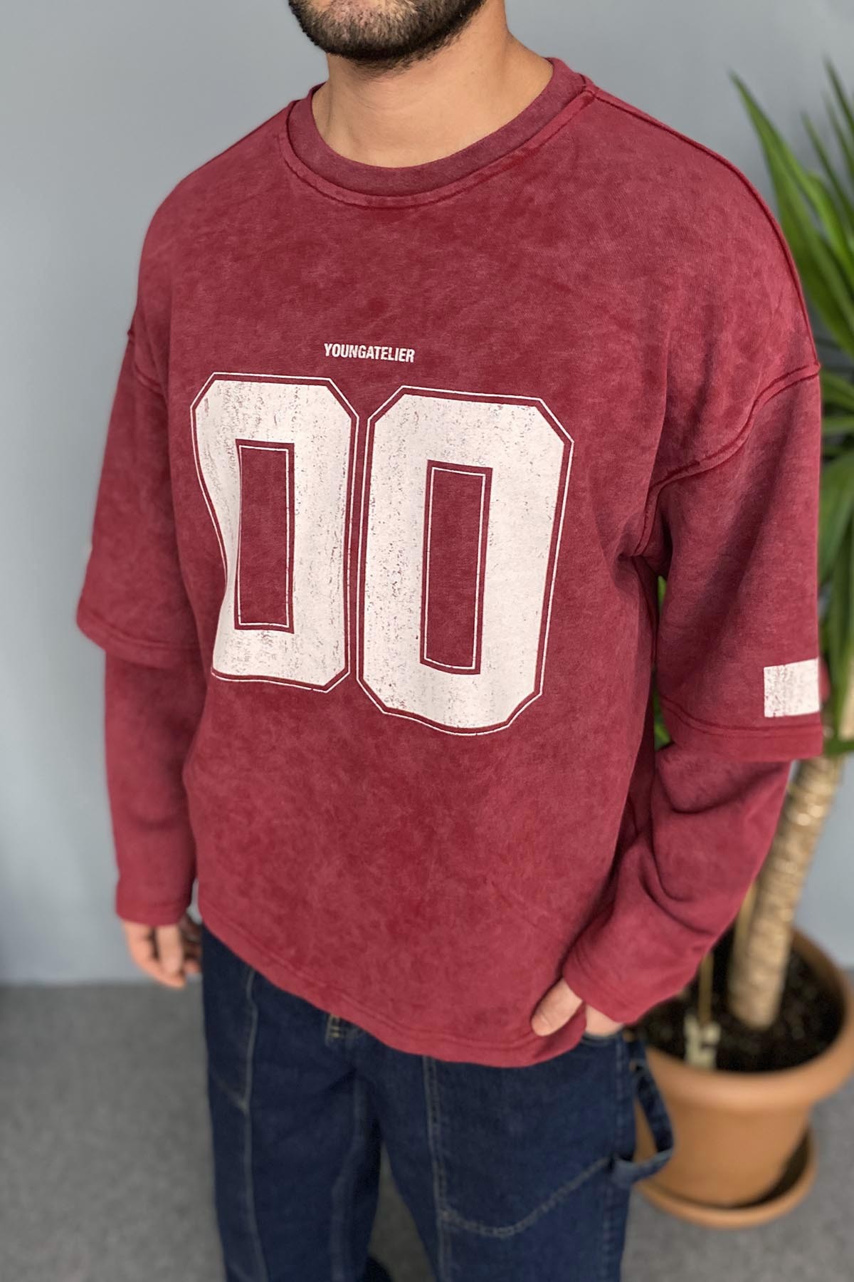 Oversize Baskılı Old School Bordo Sweatshirt
