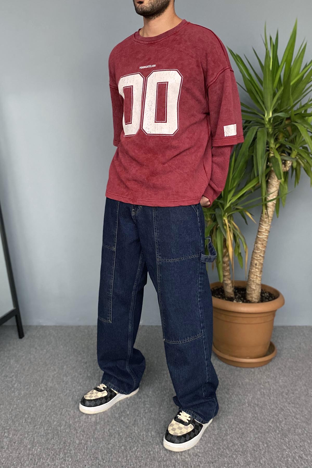  Oversize Baskılı Old School Bordo Sweatshirt