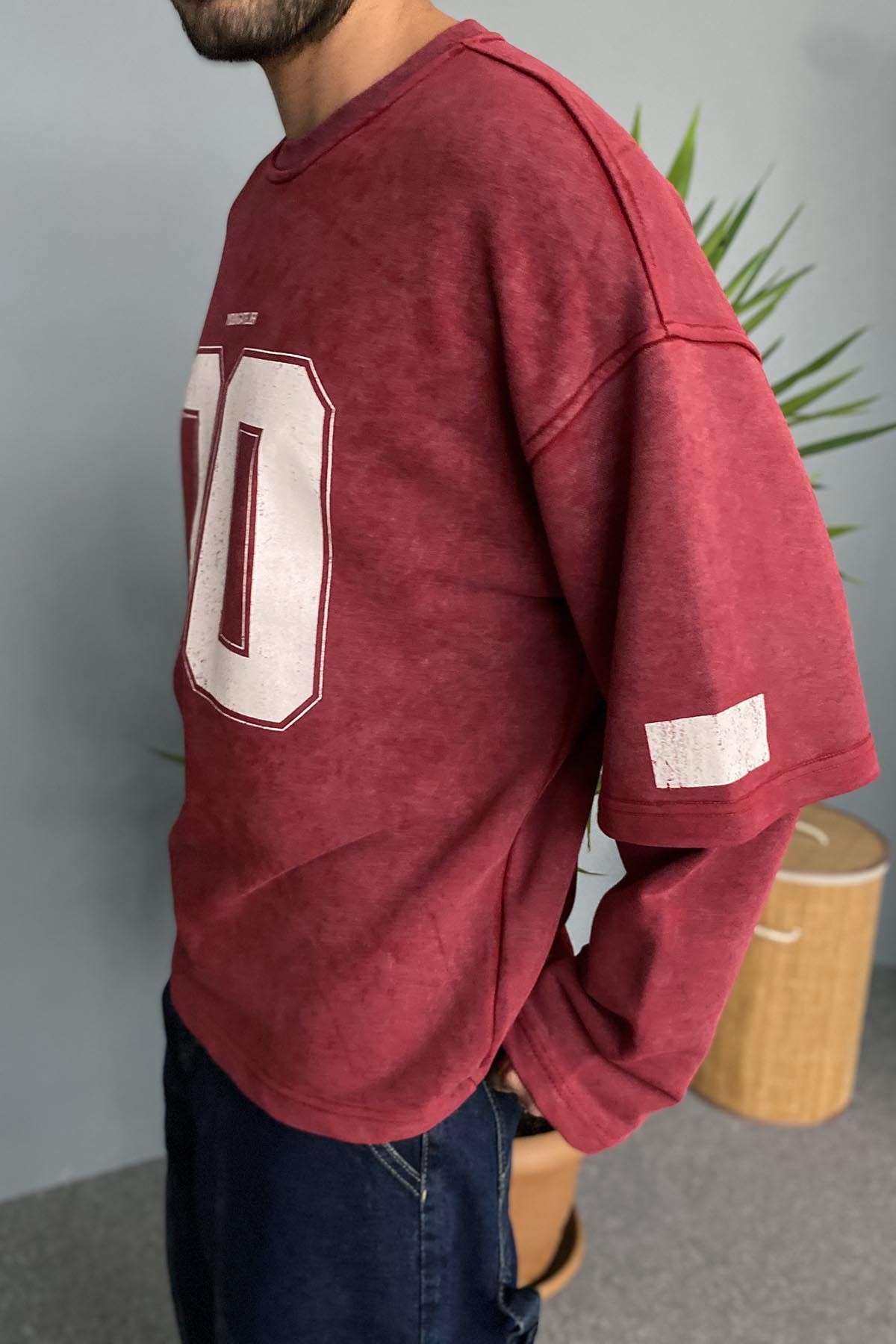  Oversize Baskılı Old School Bordo Sweatshirt