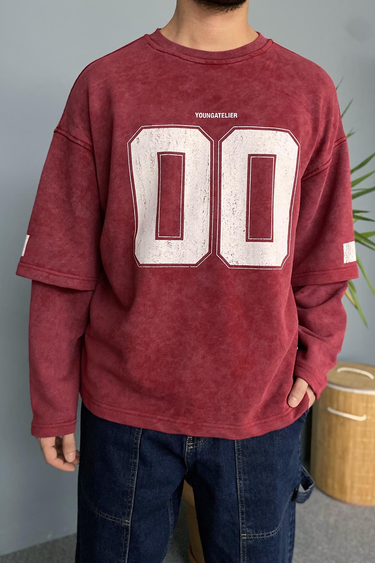  Oversize Baskılı Old School Bordo Sweatshirt