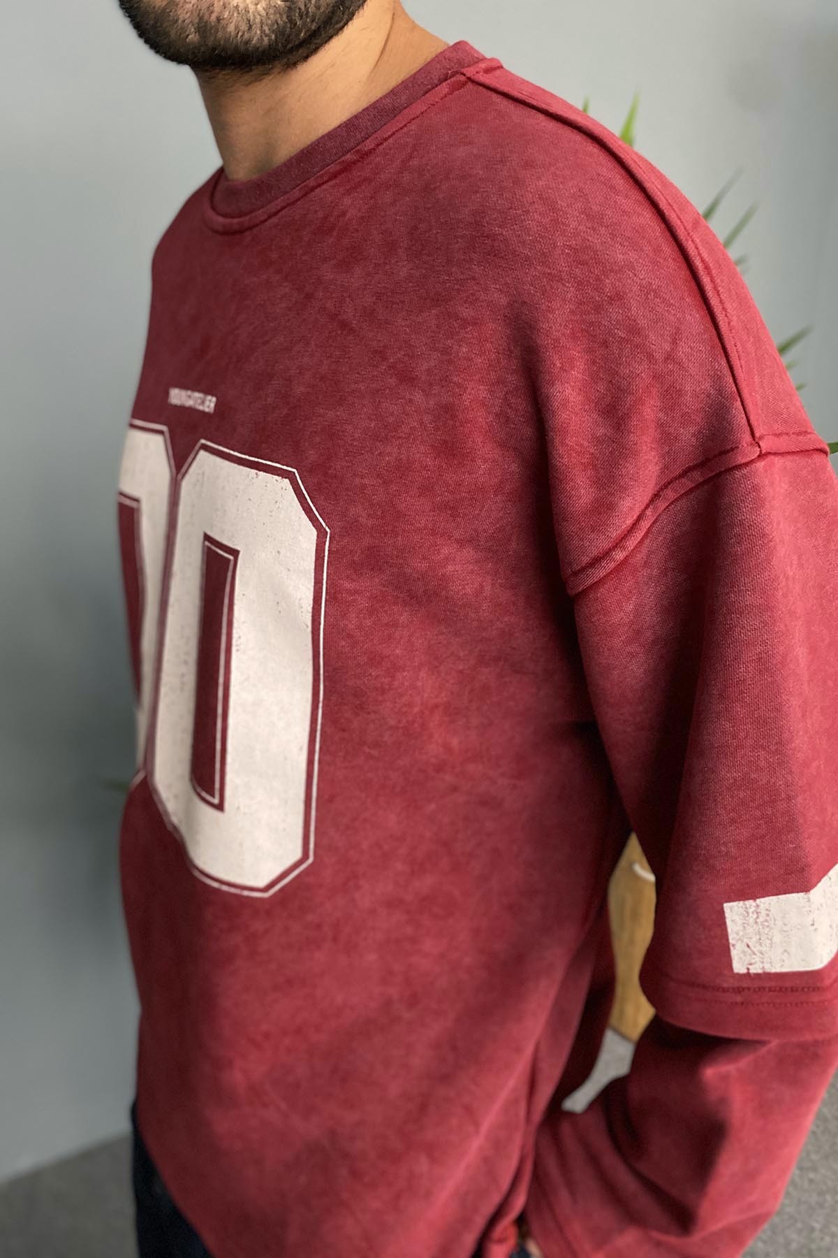  Oversize Baskılı Old School Bordo Sweatshirt