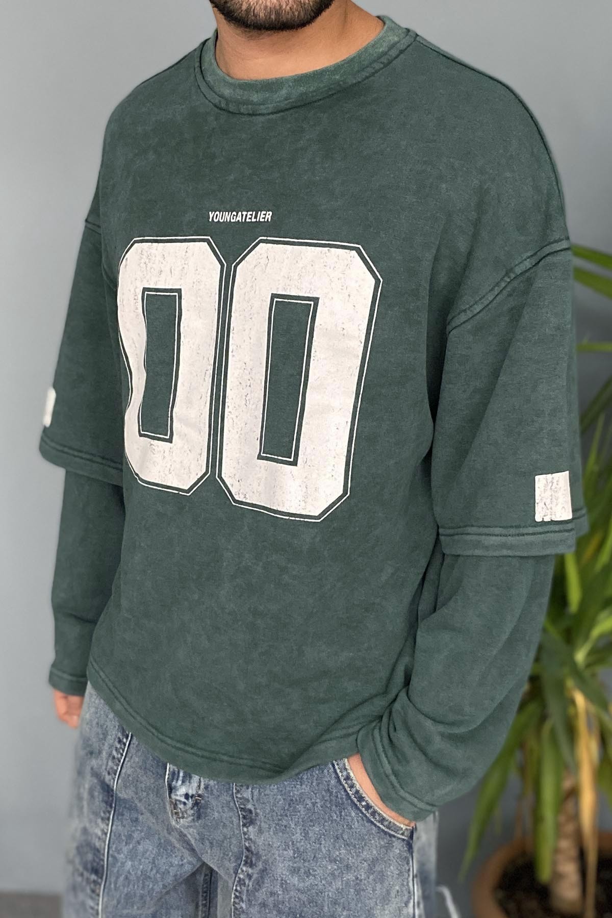 Oversize Baskılı Old School Yeşil Sweatshirt
