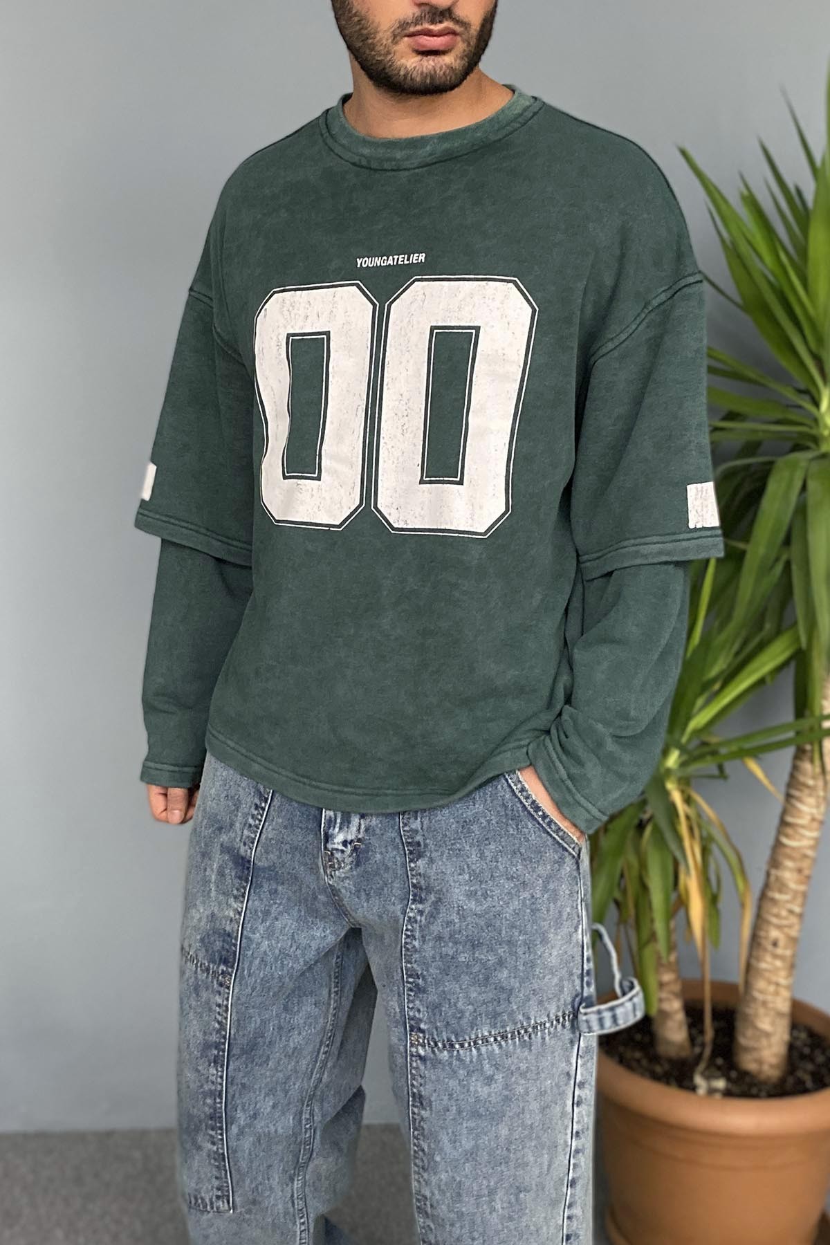  Oversize Baskılı Old School Yeşil Sweatshirt