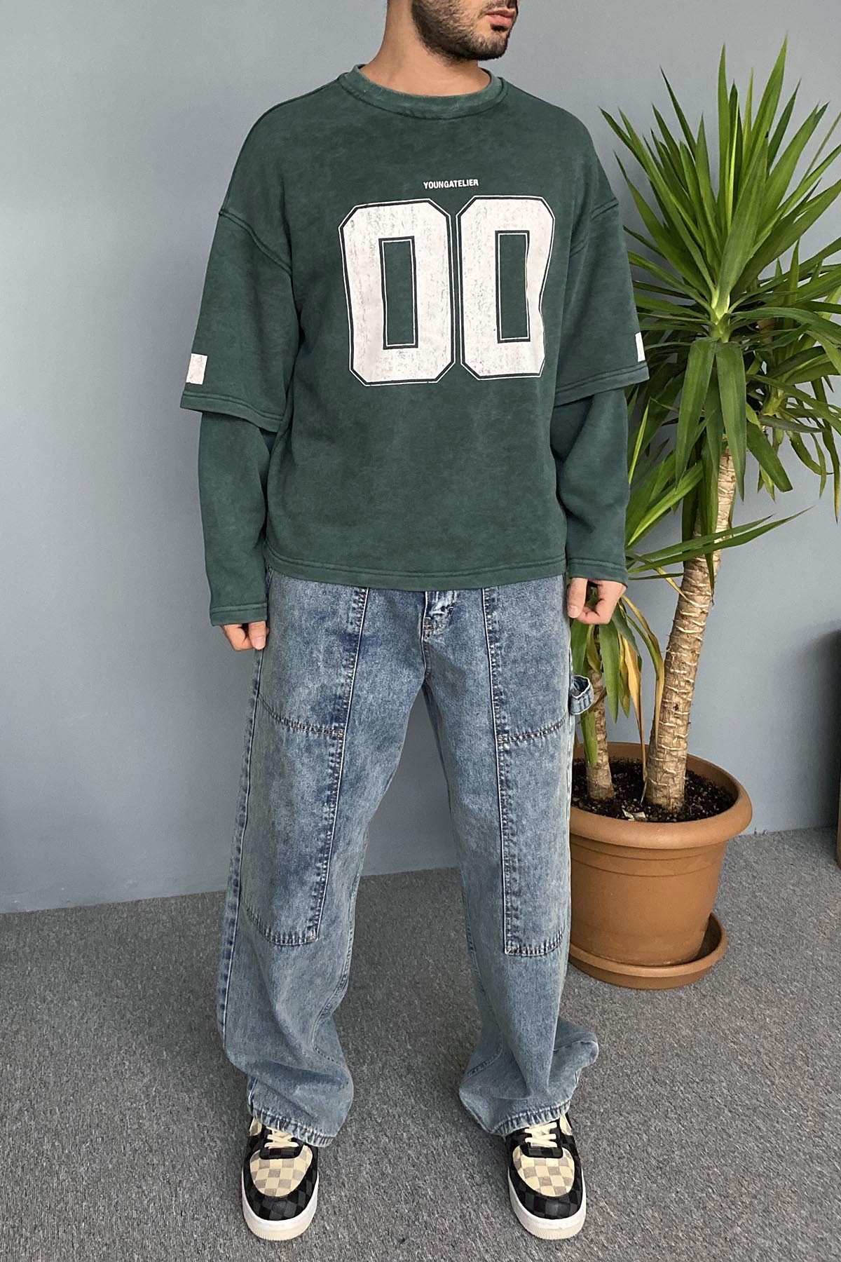  Oversize Baskılı Old School Yeşil Sweatshirt