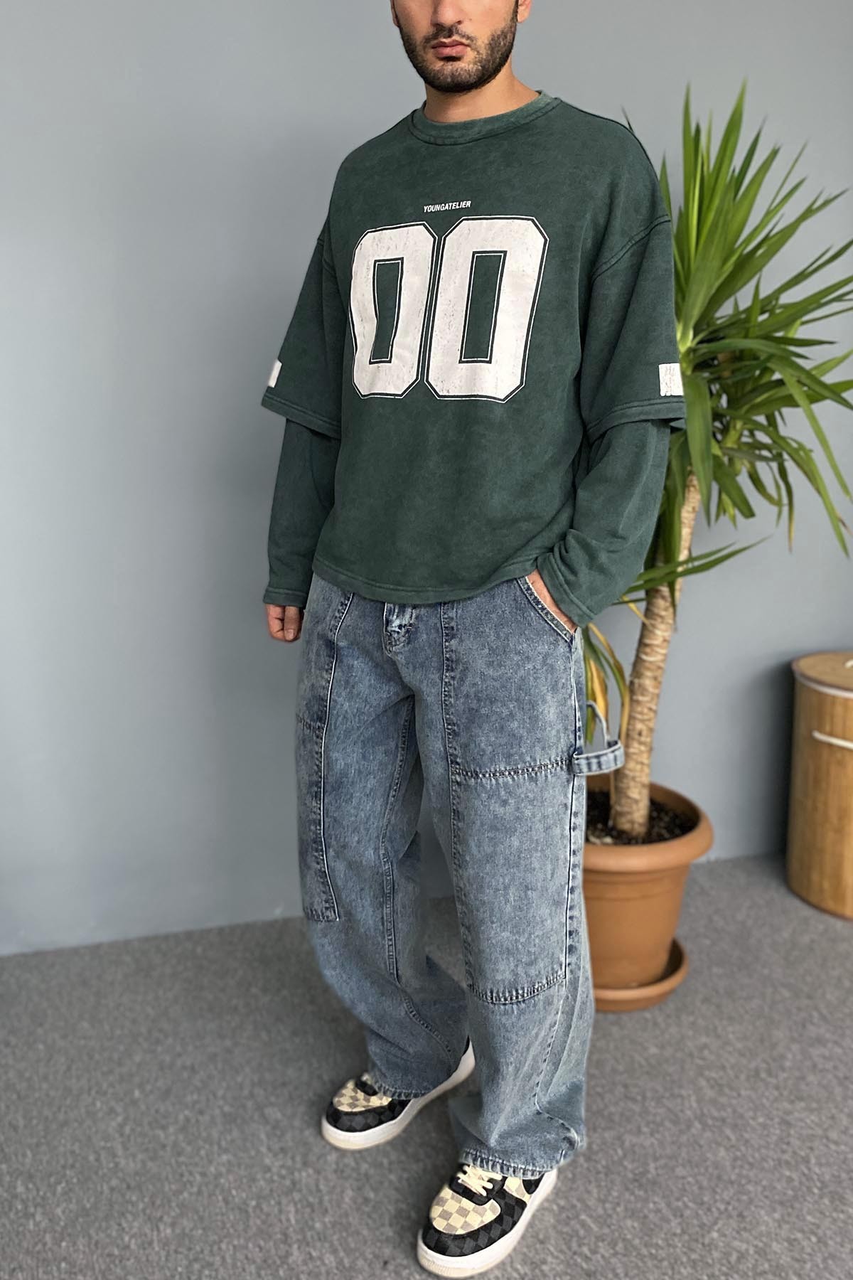  Oversize Baskılı Old School Yeşil Sweatshirt