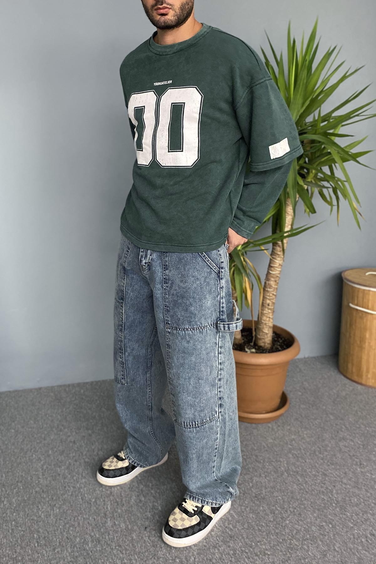  Oversize Baskılı Old School Yeşil Sweatshirt