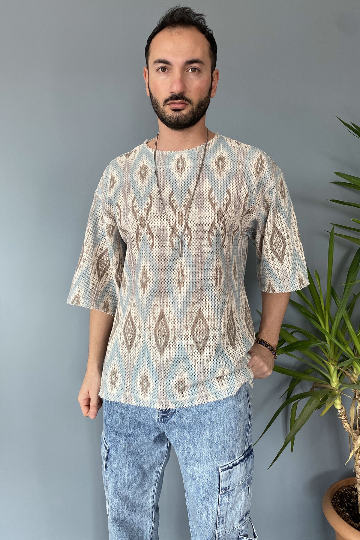  Oversize Bisiklet Yaka Jakarlı Turkuaz Tişört