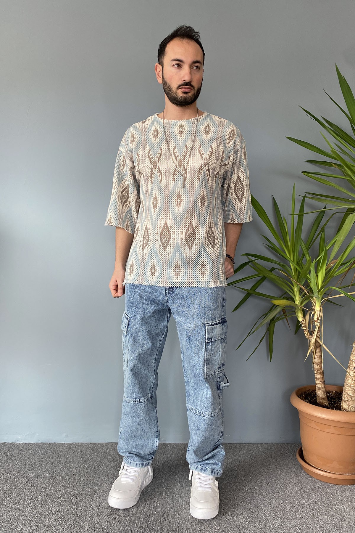  Oversize Bisiklet Yaka Jakarlı Turkuaz Tişört