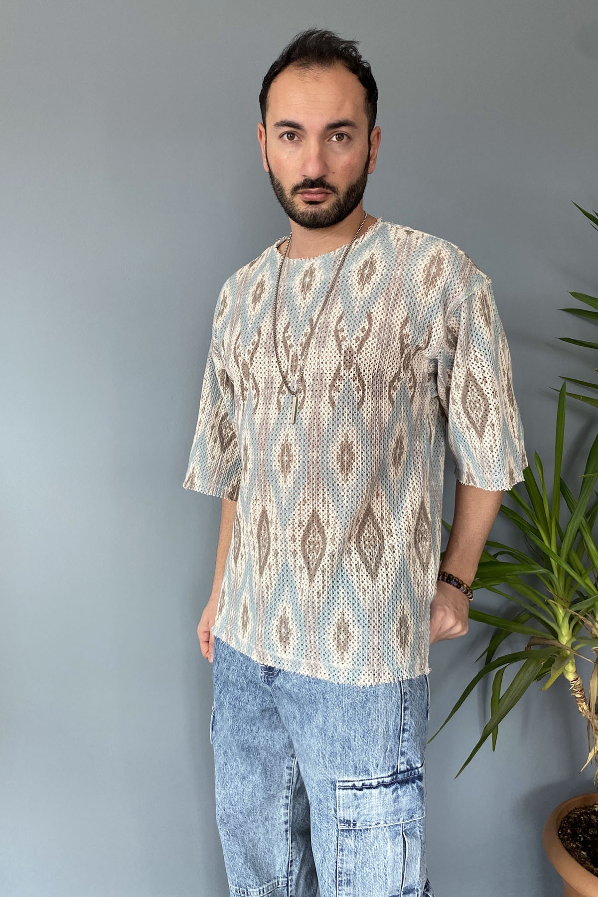  Oversize Bisiklet Yaka Jakarlı Turkuaz Tişört