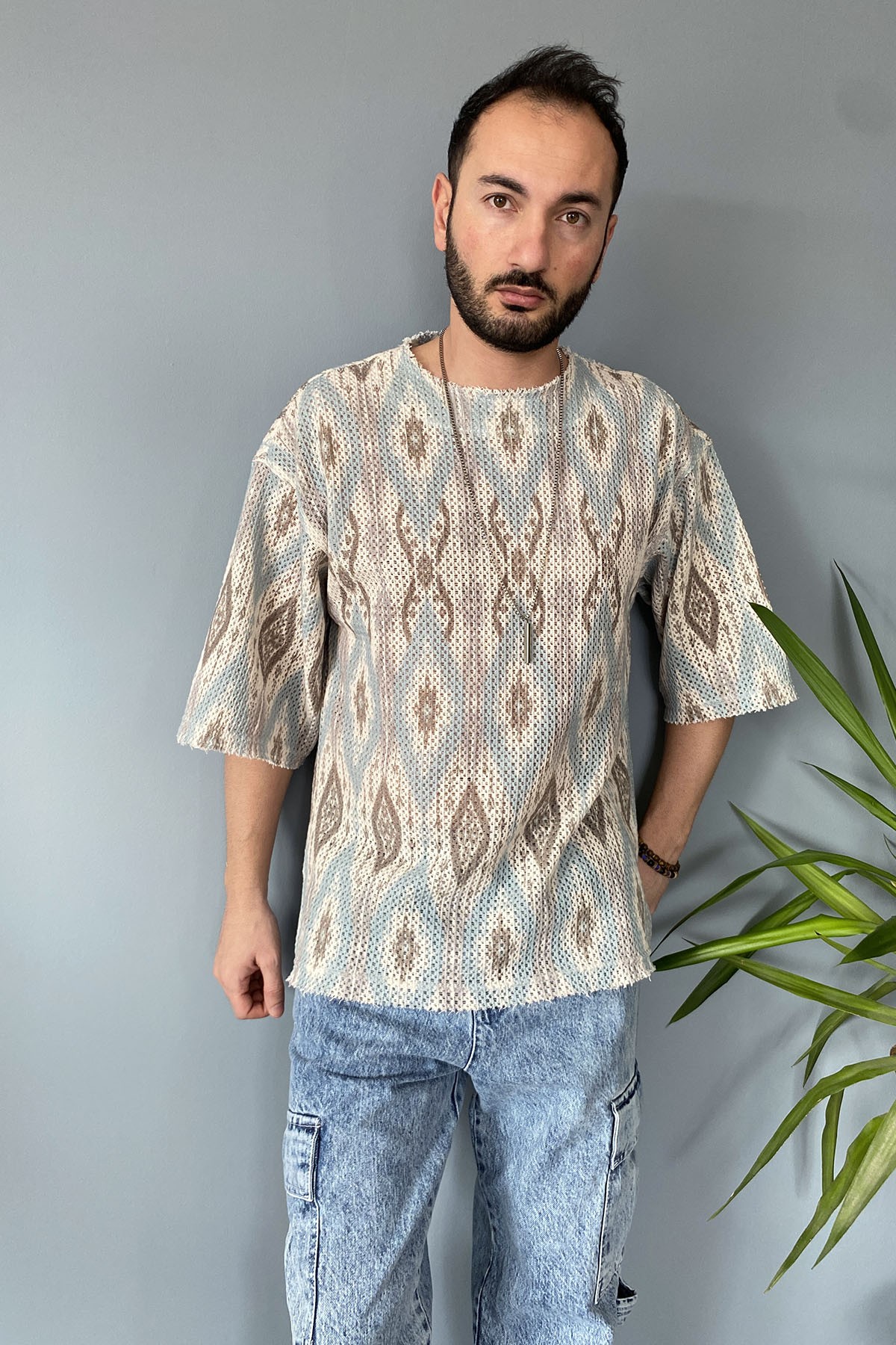  Oversize Bisiklet Yaka Jakarlı Turkuaz Tişört