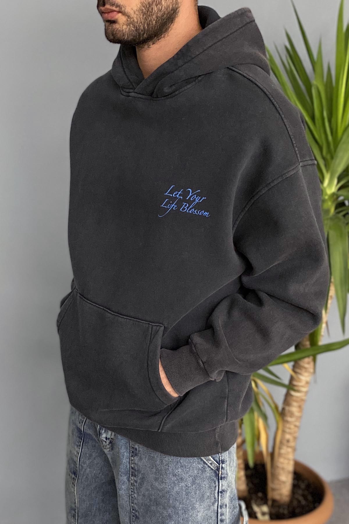  Oversize Çiçek Baskılı Cepli Antrasit Kapüşonlu Sweatshirt