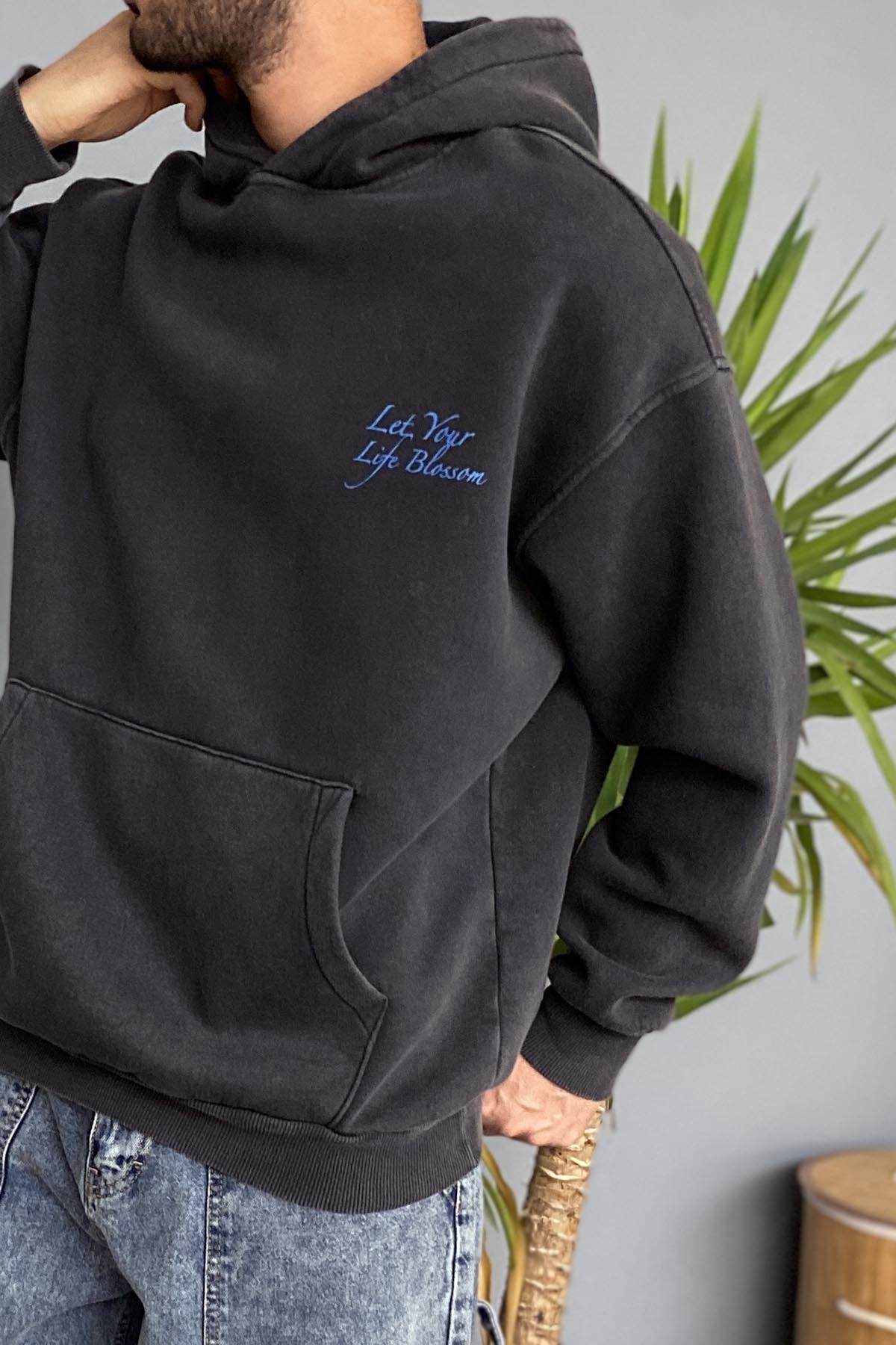  Oversize Çiçek Baskılı Cepli Antrasit Kapüşonlu Sweatshirt