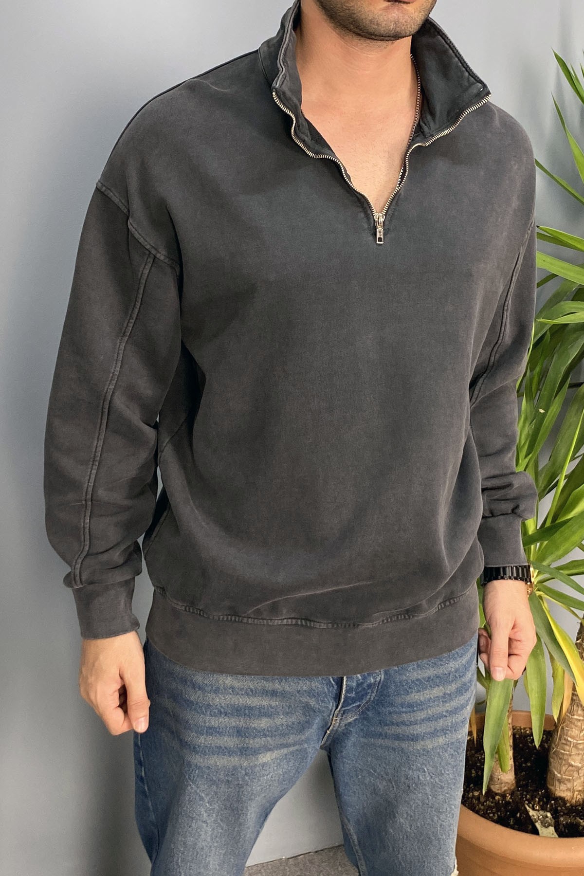  Oversize Dik Yaka Antrasit Yarım Fermuarlı Sweatshirt