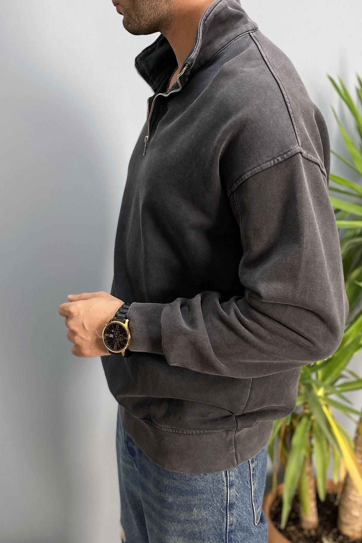  Oversize Dik Yaka Antrasit Yarım Fermuarlı Sweatshirt