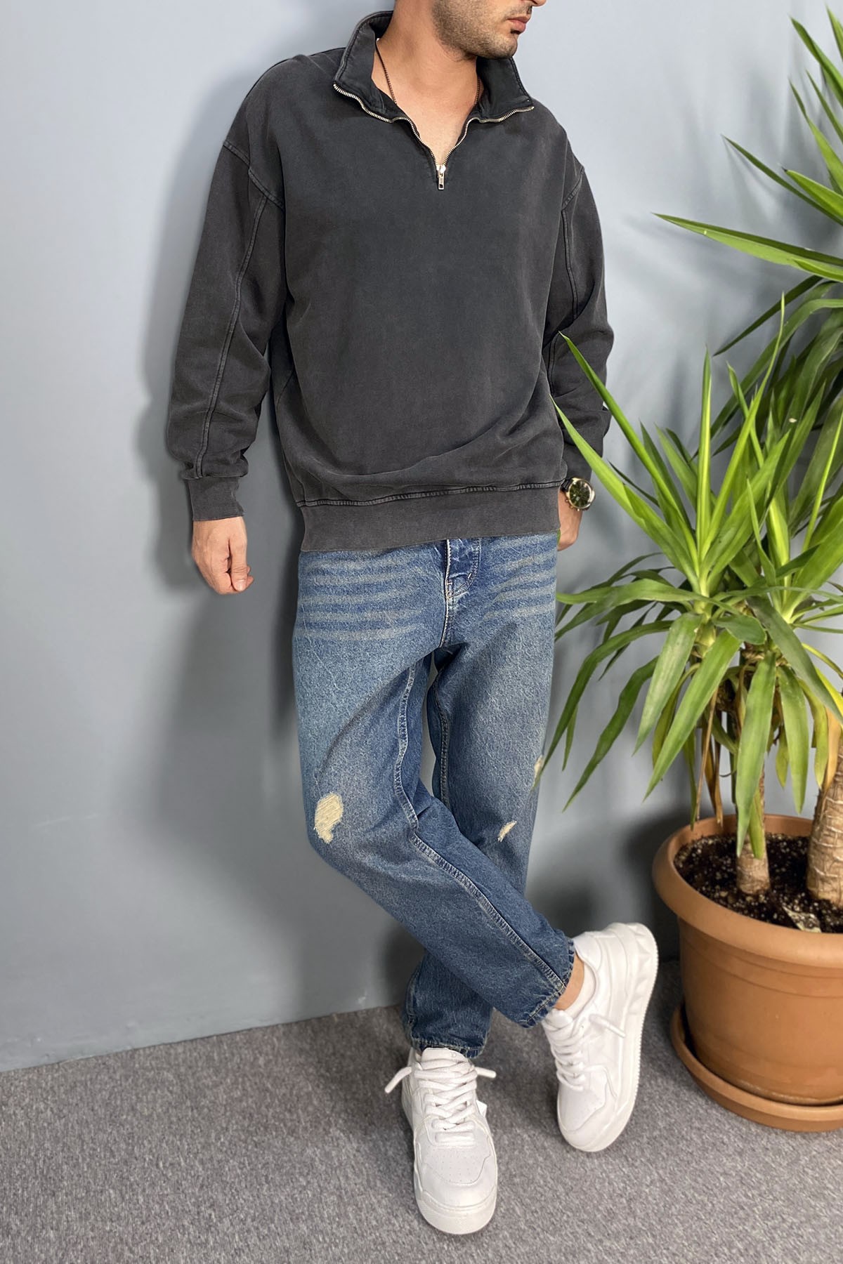  Oversize Dik Yaka Antrasit Yarım Fermuarlı Sweatshirt