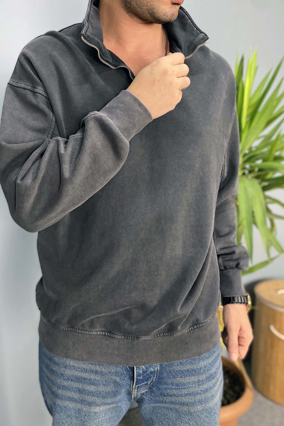  Oversize Dik Yaka Antrasit Yarım Fermuarlı Sweatshirt