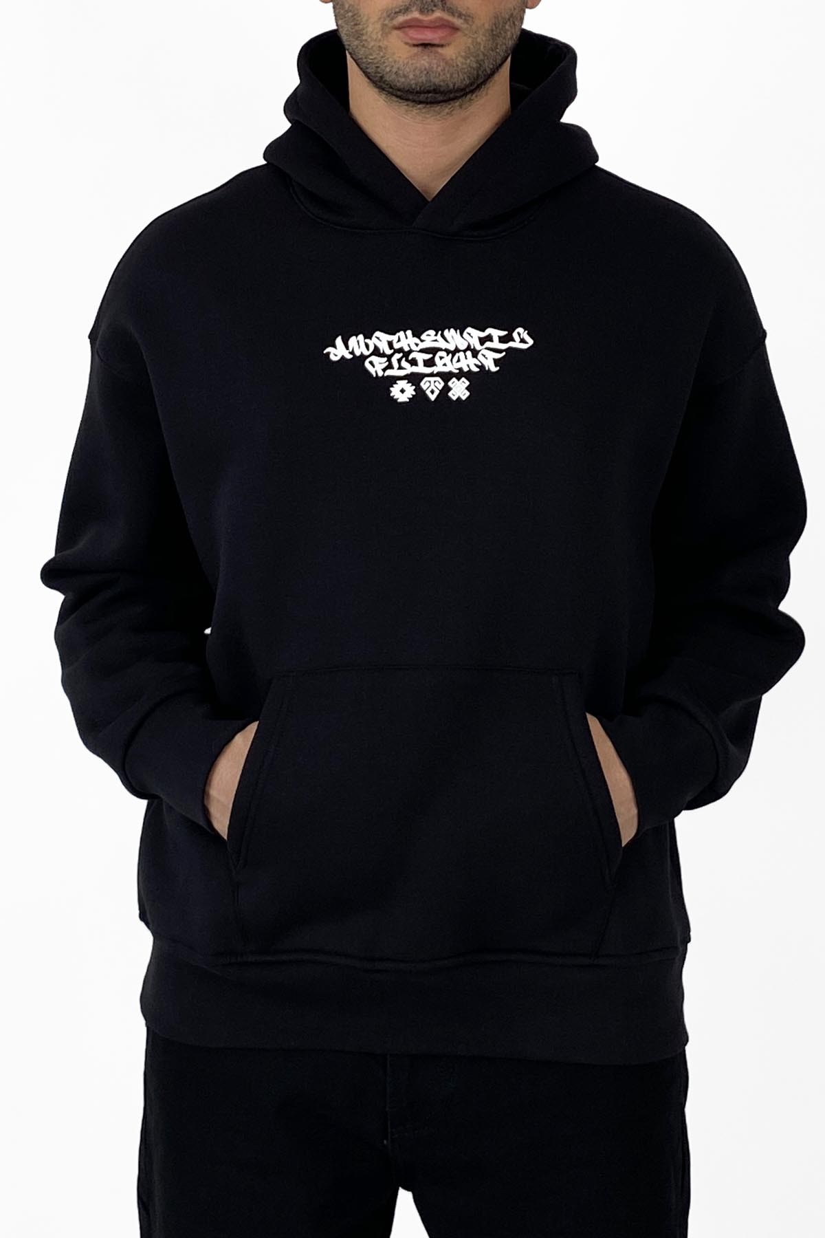  Kilim İşlemeli Oversize Siyah Kapüşonlu Sweatshirt