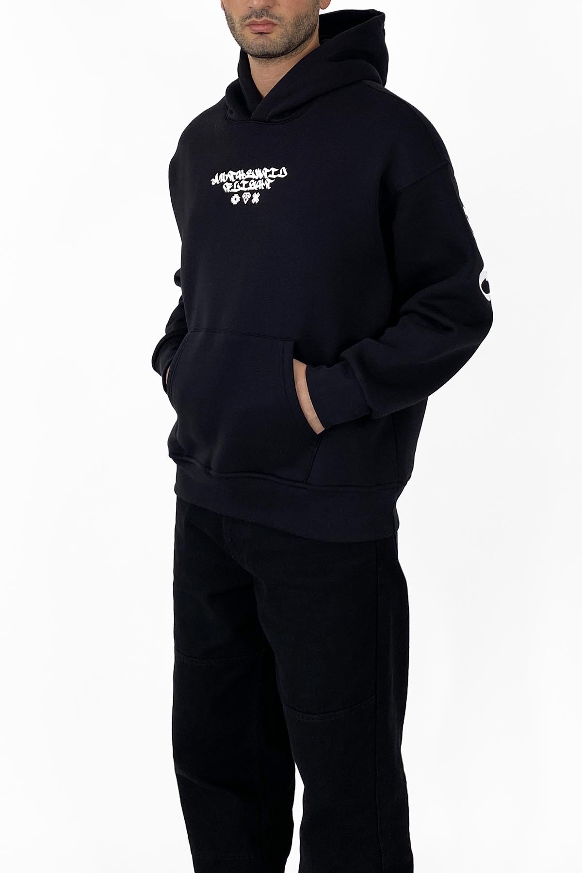  Kilim İşlemeli Oversize Siyah Kapüşonlu Sweatshirt