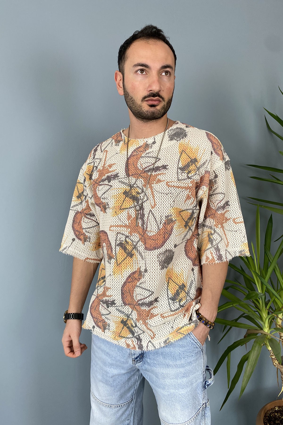  Oversize Tişört Bisiklet Yaka Jakarlı Tişört