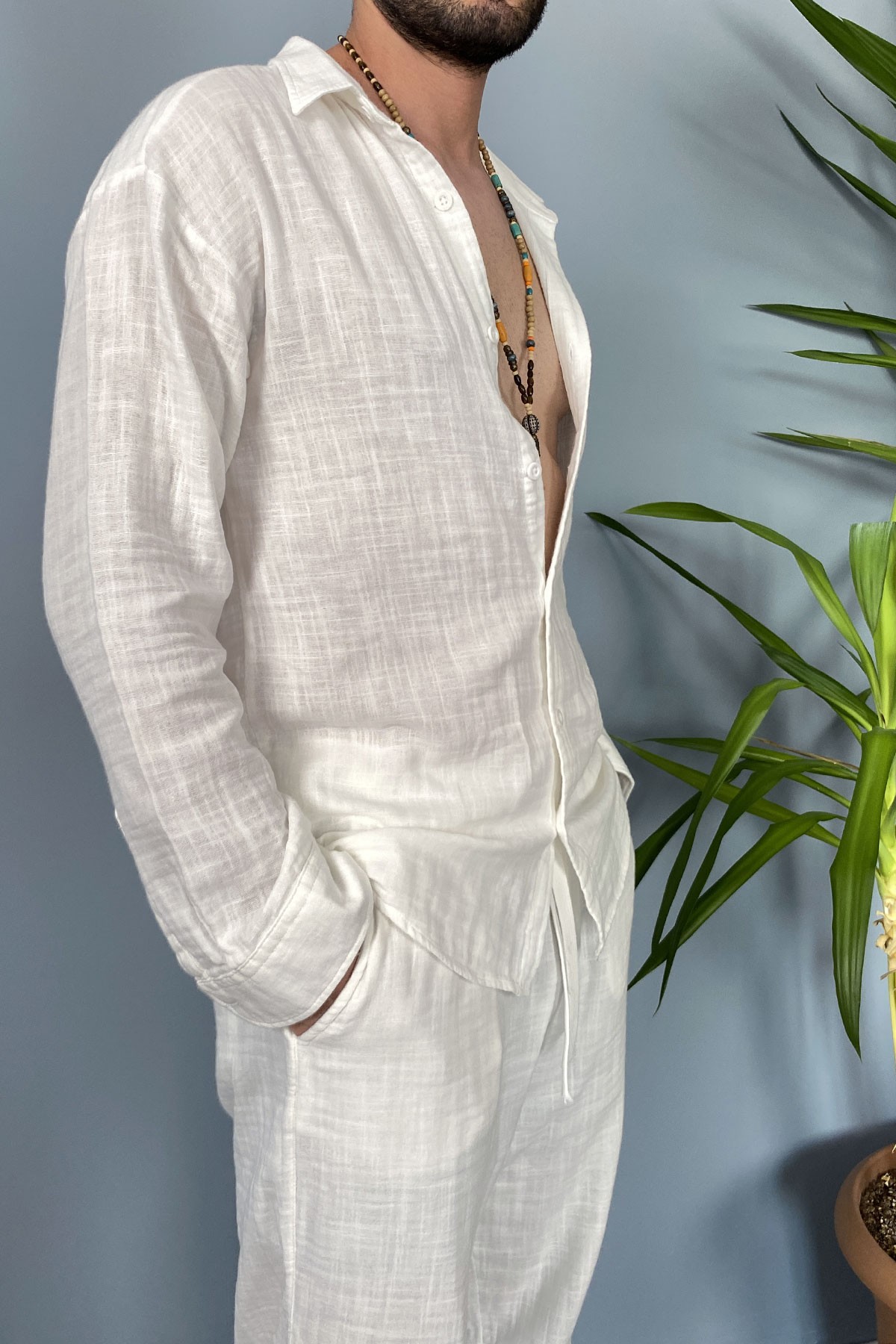  Oversize Yazlık Ekru Müslin Kumaş Gömlek Pantolon İkili Takım