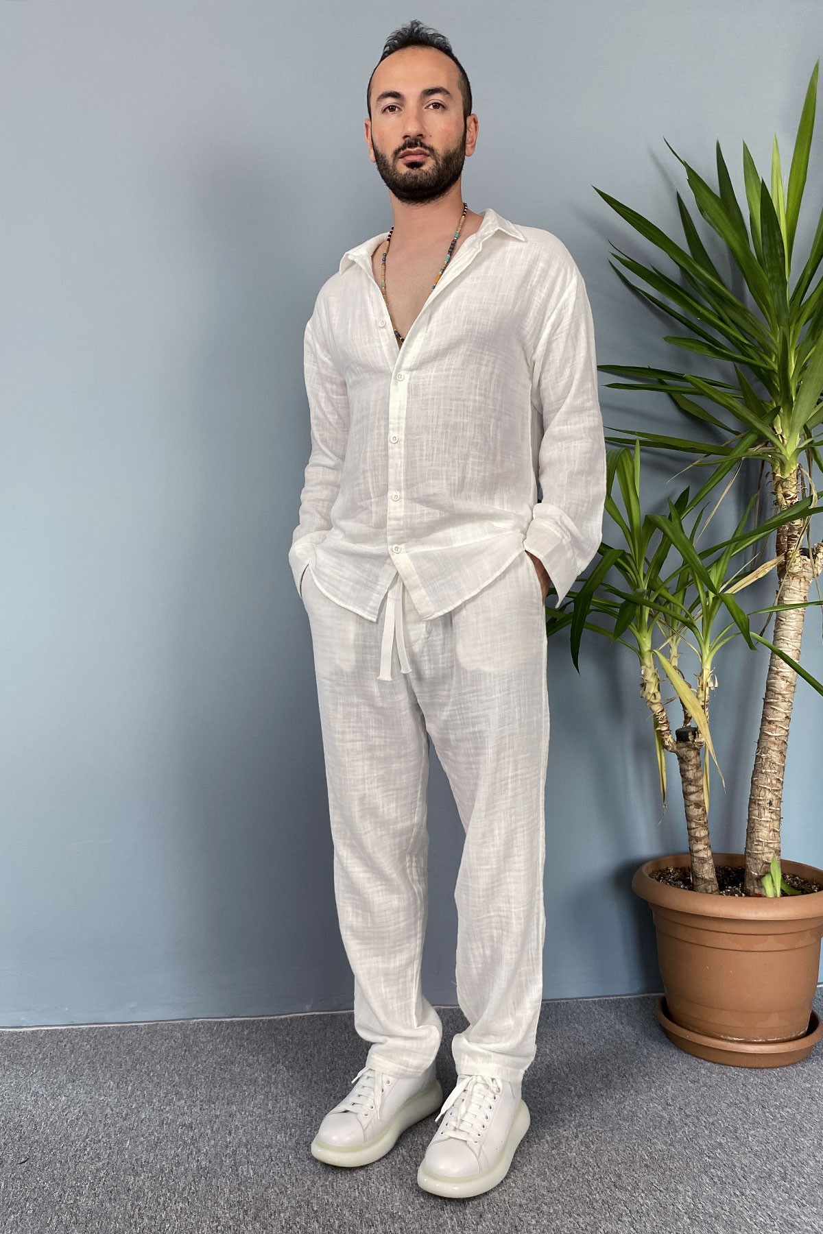  Oversize Yazlık Ekru Müslin Kumaş Gömlek Pantolon İkili Takım