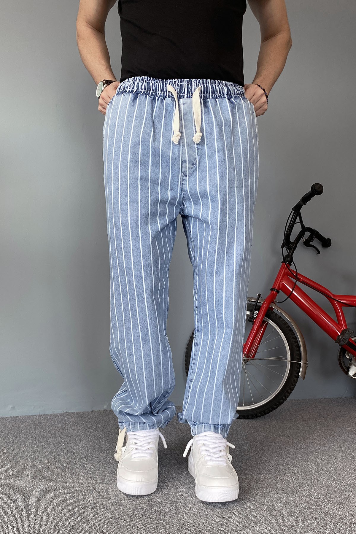  Paçası Bağcıklı Mavi Jogger Rahat Kesim Kot Pantolon