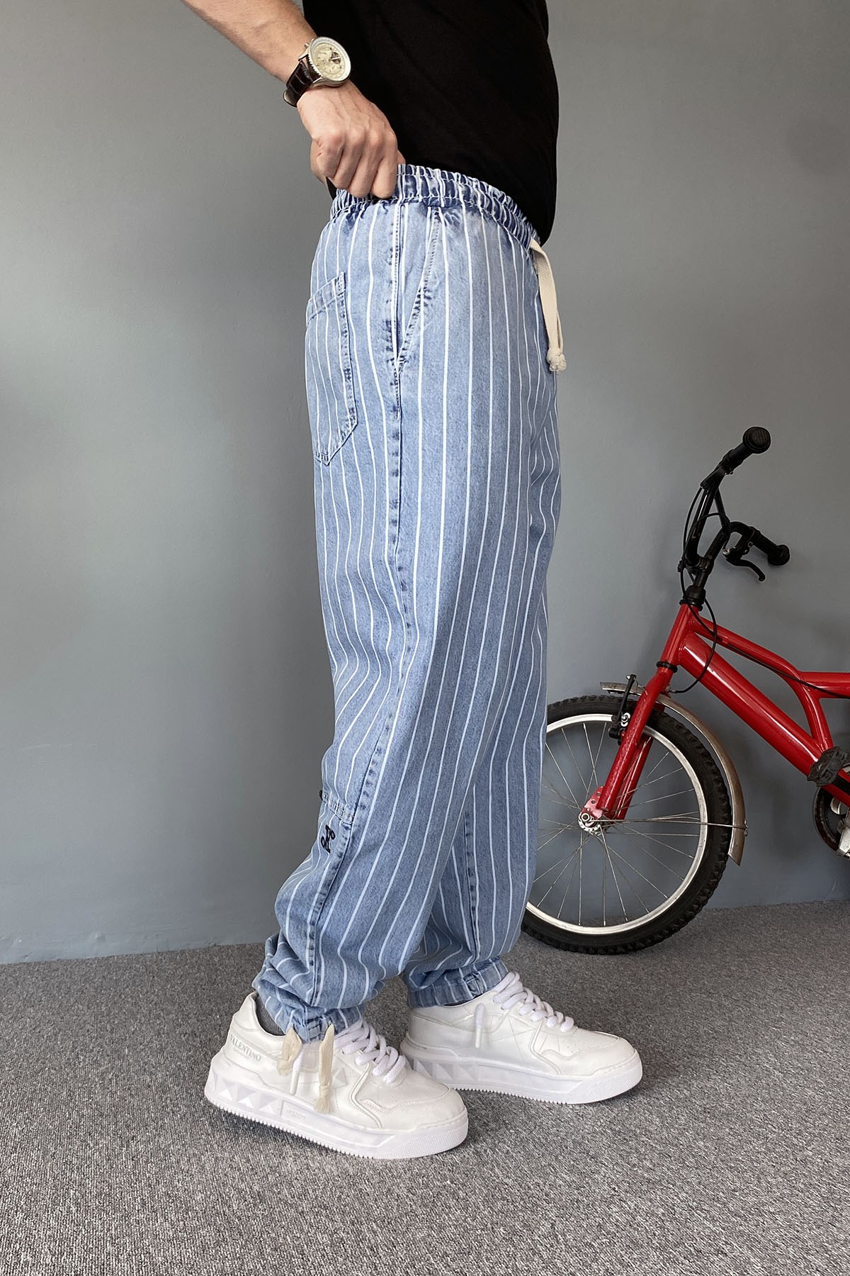  Paçası Bağcıklı Mavi Jogger Rahat Kesim Kot Pantolon