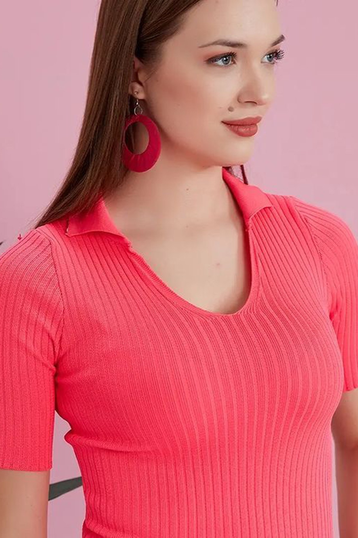 Kadin Polo Yaka Kısa Kol Kaşkorse Bluz Pembe Renk