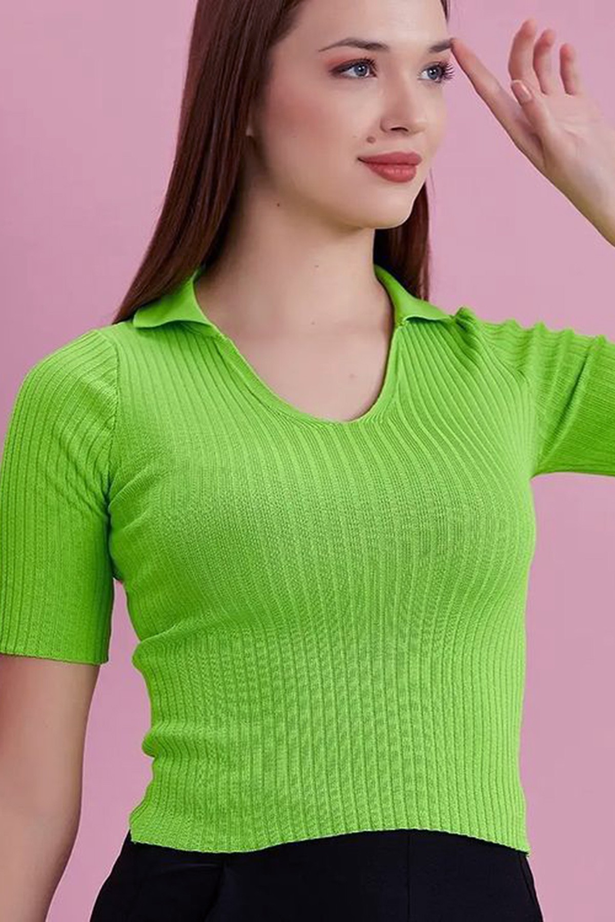 Kadin Polo Yaka Kısa Kol Kaşkorse Bluz Yeşil Renk