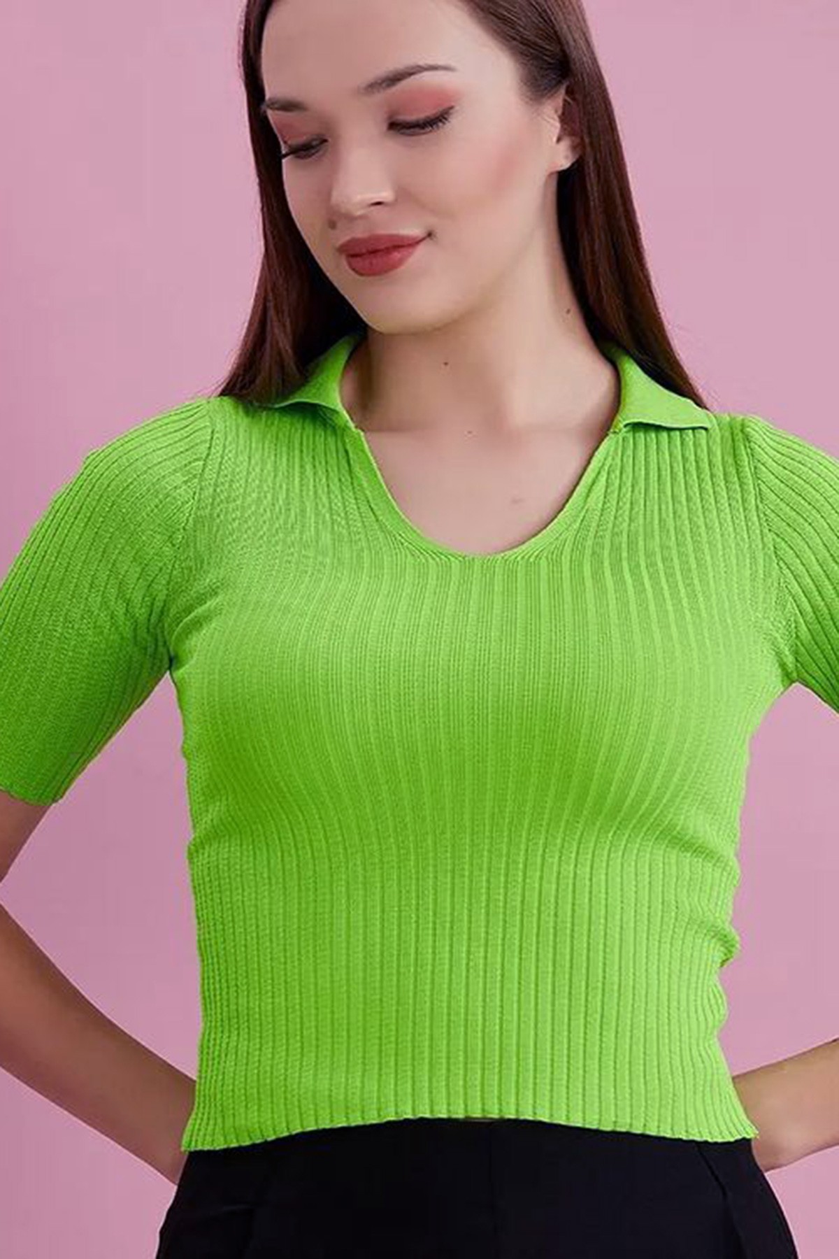 Kadin Polo Yaka Kısa Kol Kaşkorse Bluz Yeşil Renk